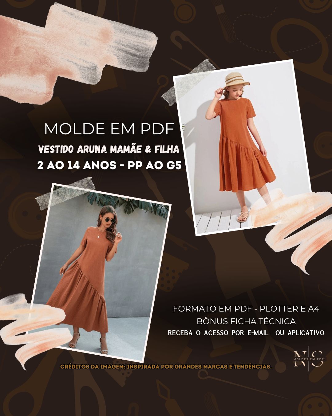 Molde em PDF - Vestido Aruna Mamãe & Filha [2 ao 14 anos - PP ao G5]