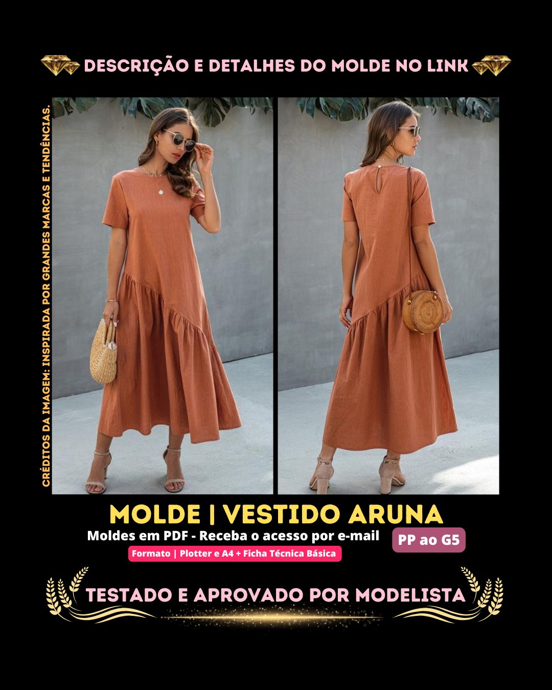 Molde em PDF - Vestido Aruna (Vestido Estilo Casual Midi Evasê Recorte Assimétrico Saia Franzida)
