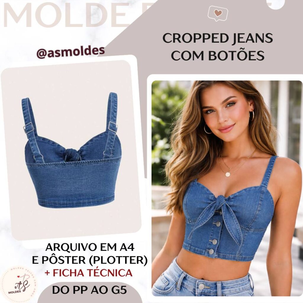Cropped jeans com botões - Molde em PDF