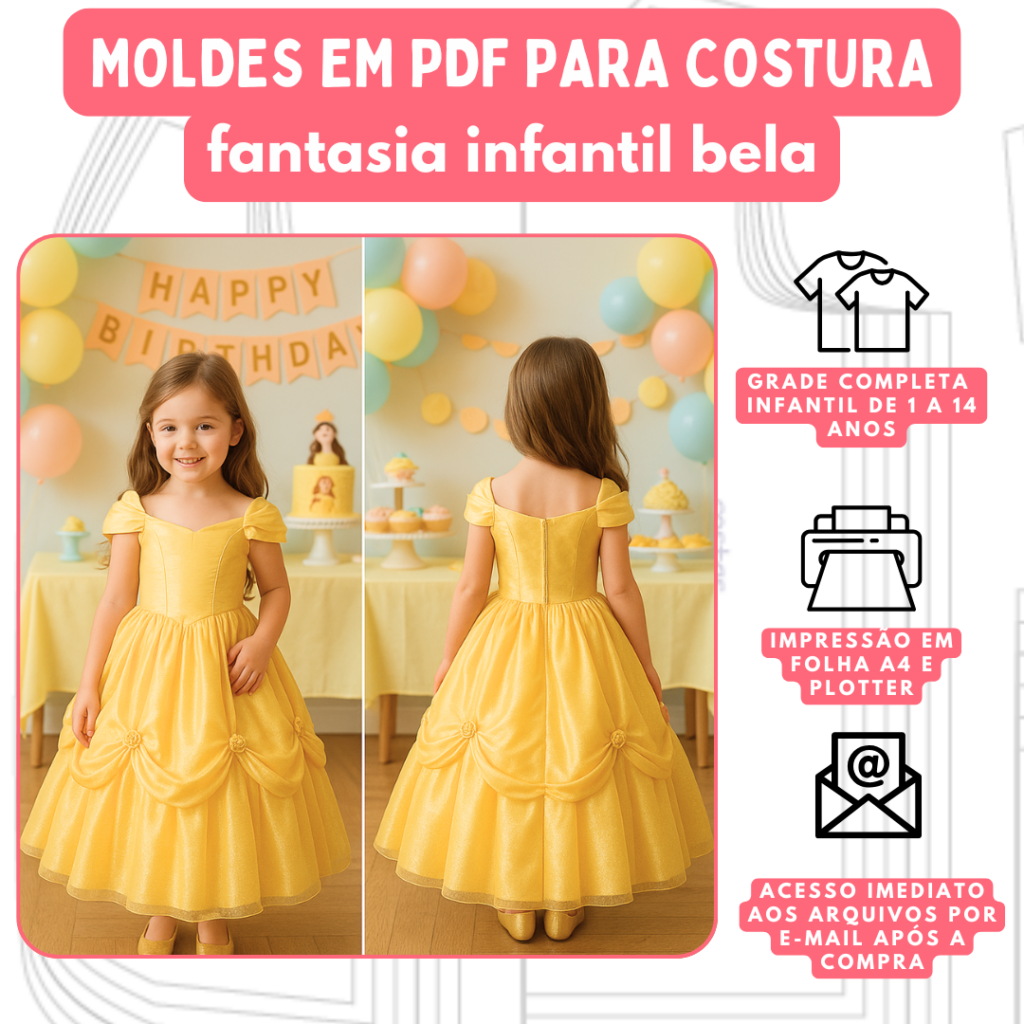 MOLDE EM PDF FANTASIA BELA INFANTIL REF 4803 - 1 A 14 ANOS