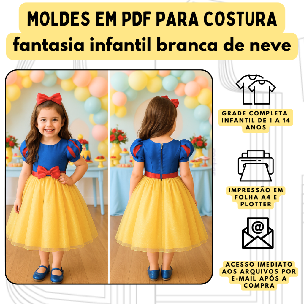 MOLDE EM PDF FANTASIA BRANCA DE NEVE INFANTIL REF4585 - 1 A 14 ANOS
