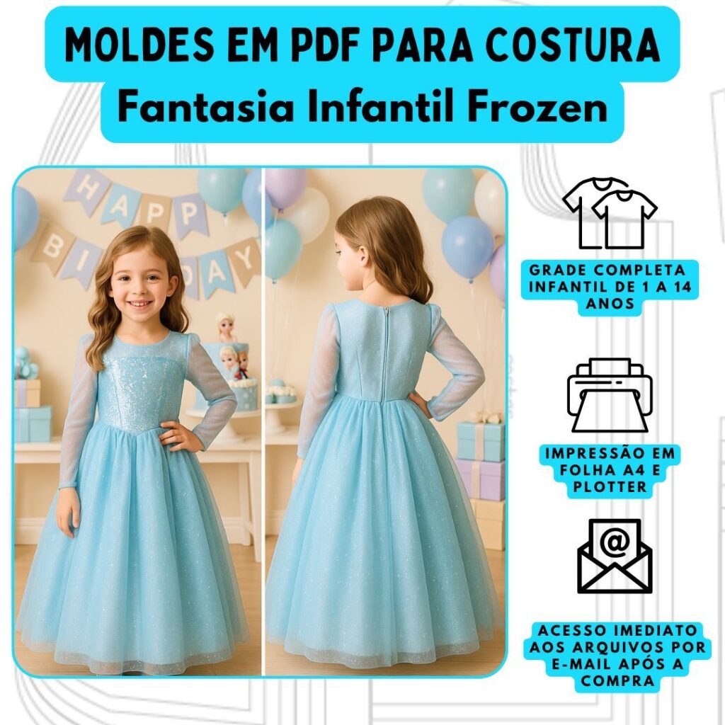 MOLDE EM PDF FANTASIA FROZEN INFANTIL REF 4584 - 1 A 14 ANOS