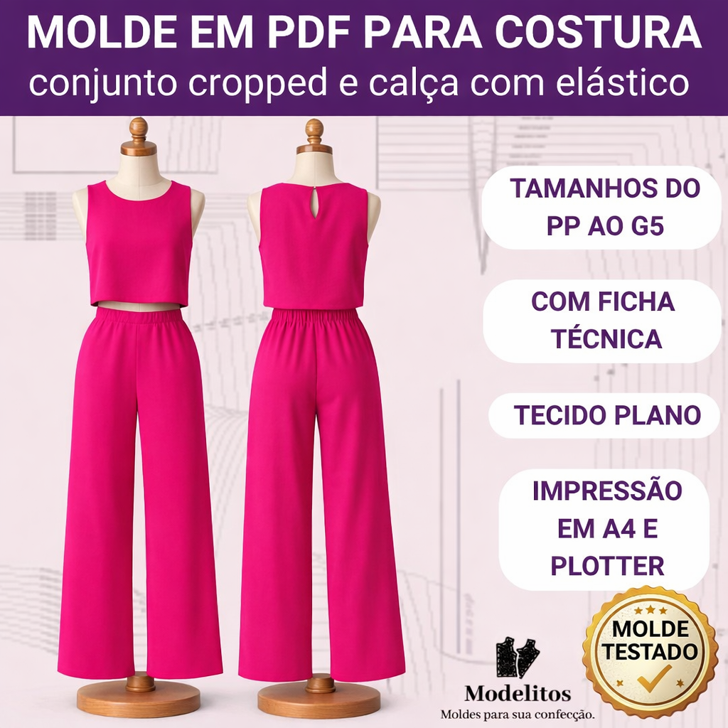 Molde em PDF Conjunto Calça e Cropped Feminino - Grade PP ao G5
