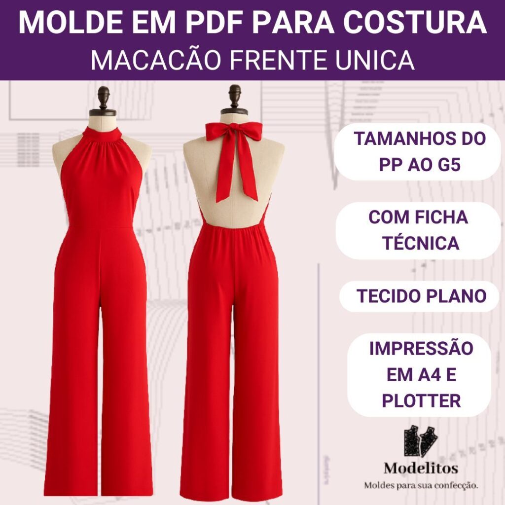 Molde em PDF macacão frente única - Grade PP ao G5