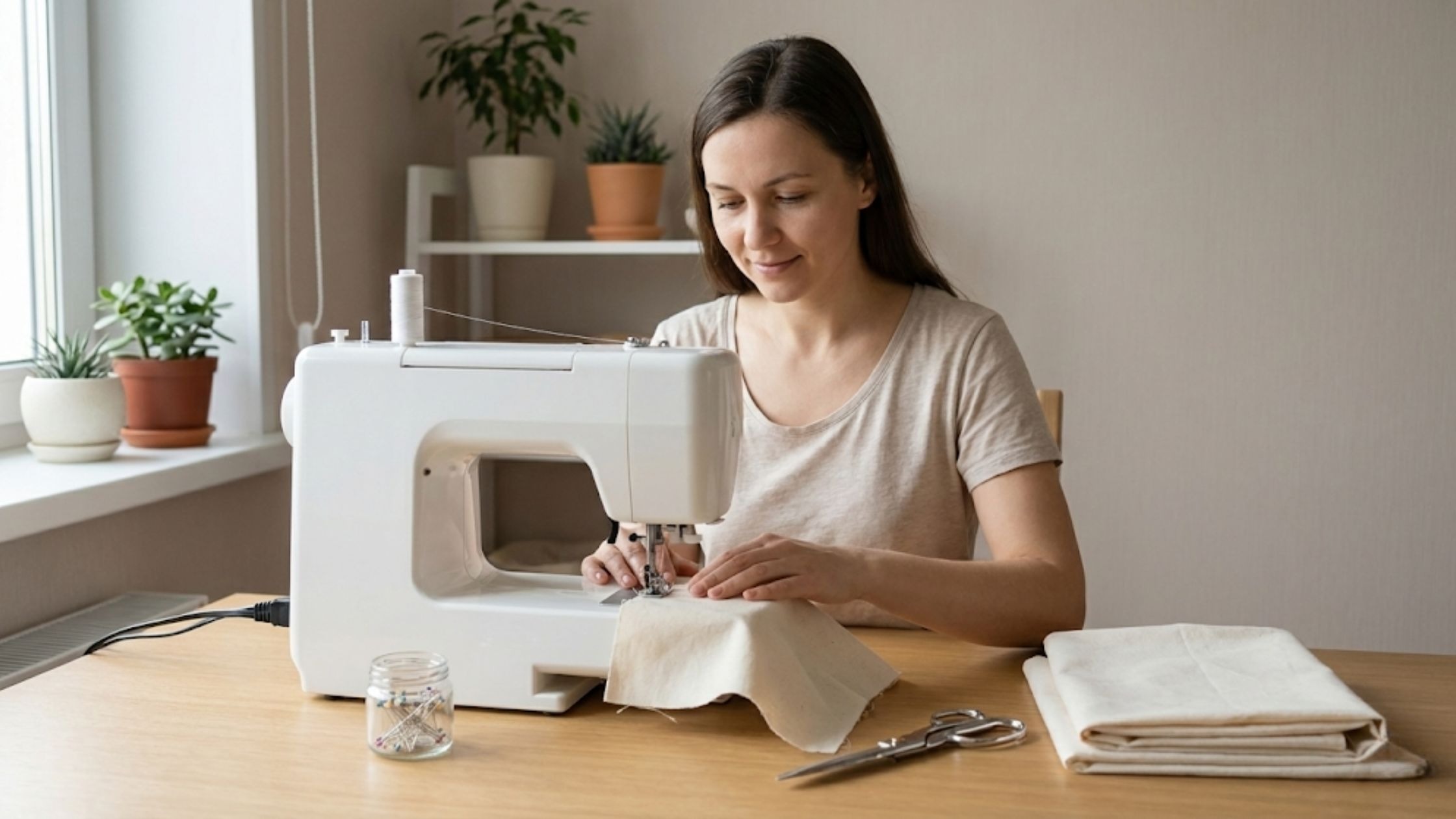 Como começar na costura do zero usando materiais simples e máquina doméstica em espaço organizado e iluminado