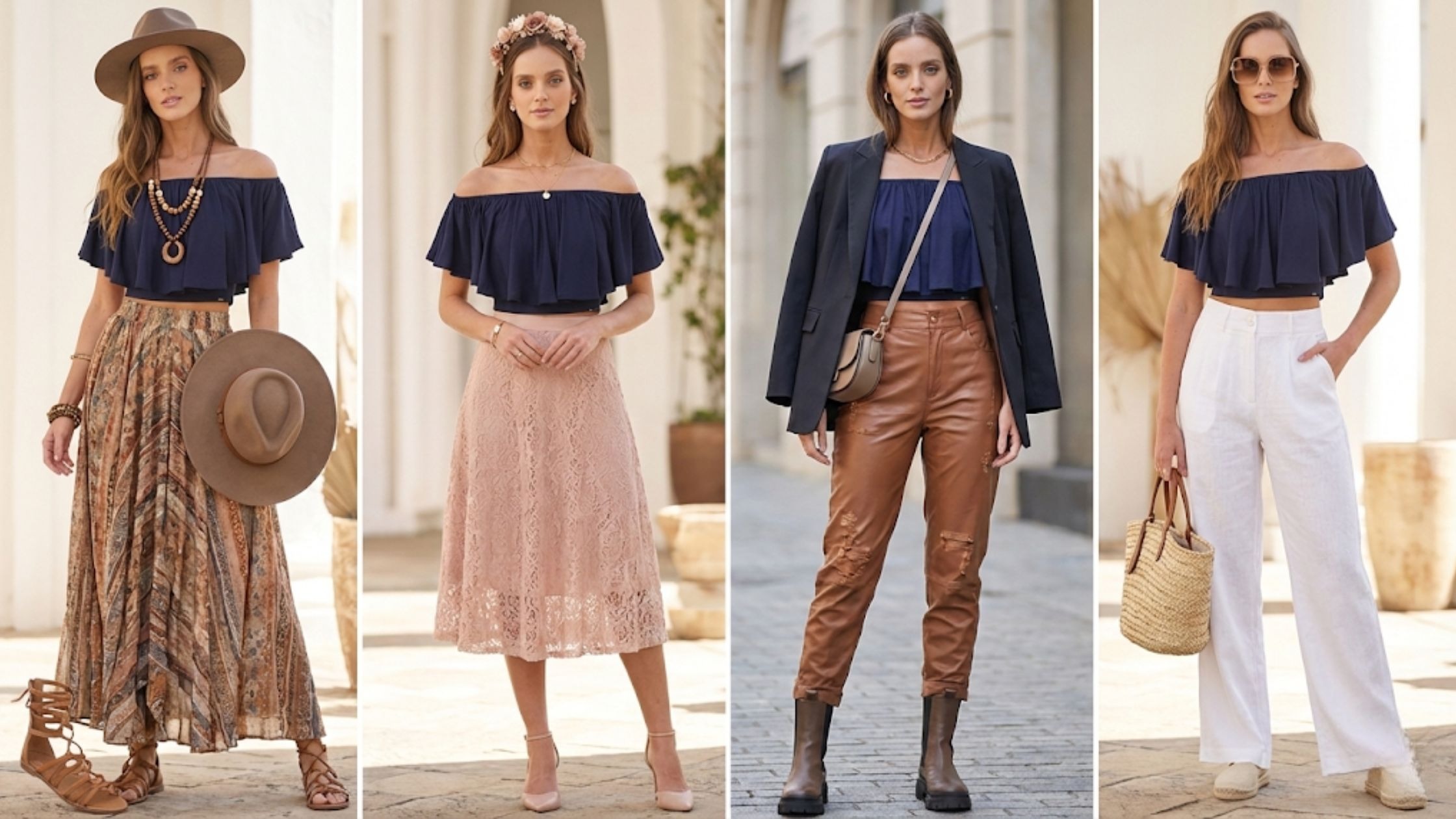 Molde em PDF Cropped Ombro a Ombro Gigi em diferentes estilos de uso