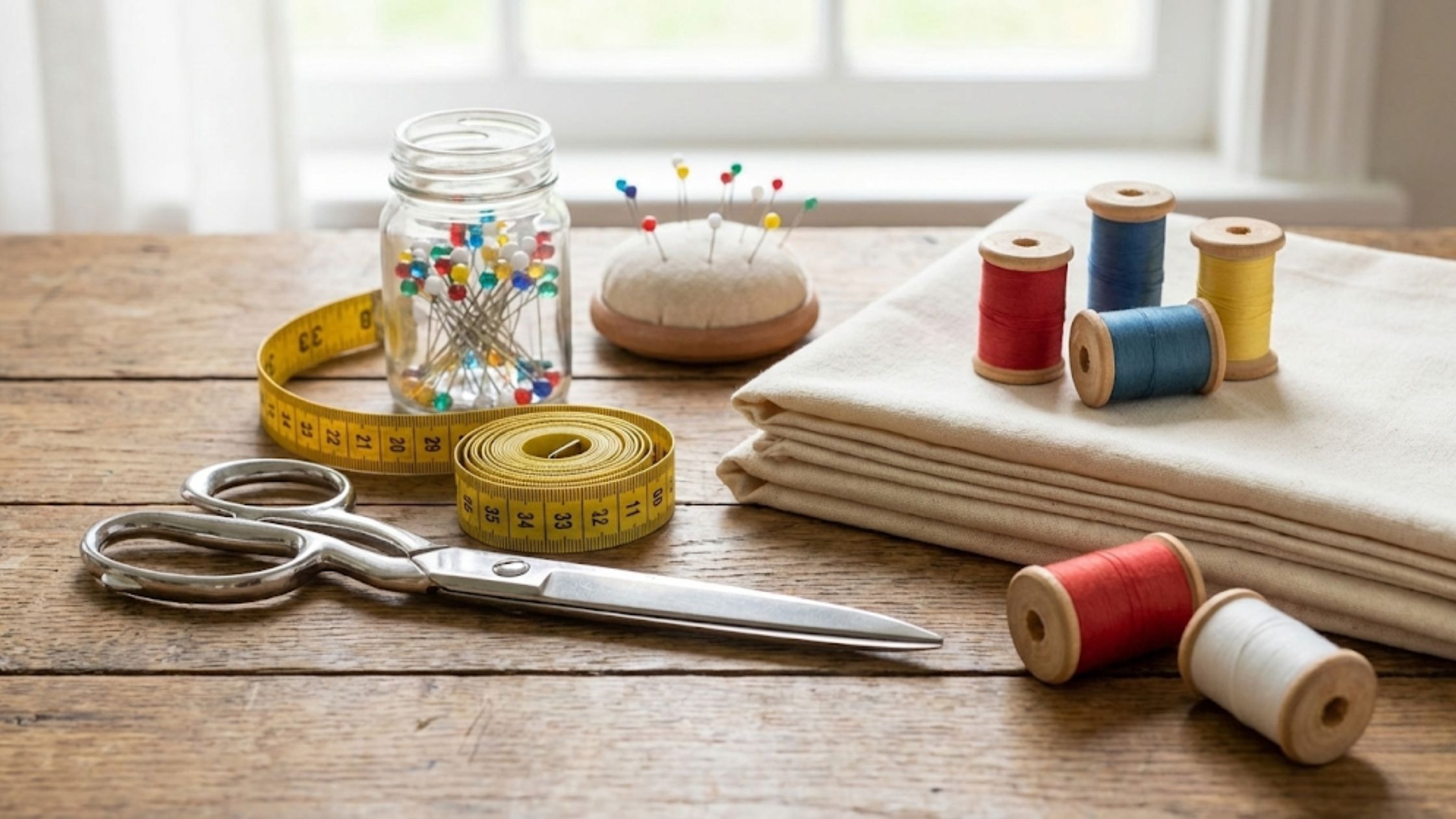 Como começar na costura do zero com materiais básicos organizados como tesoura fita métrica linhas e tecidos simples