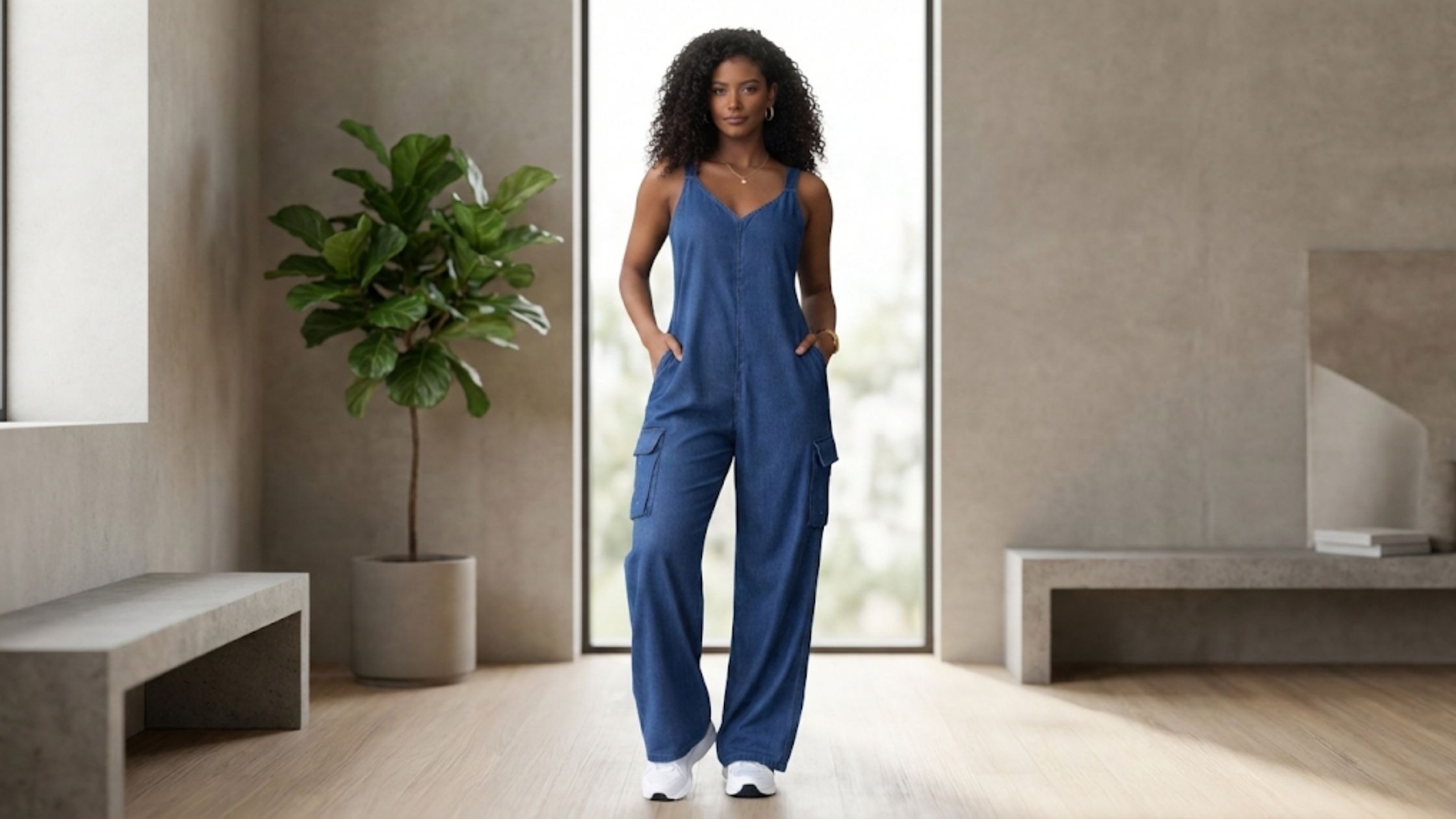 Molde em PDF Macacão Jeans Ione com design moderno estilo cargo e caimento confortável