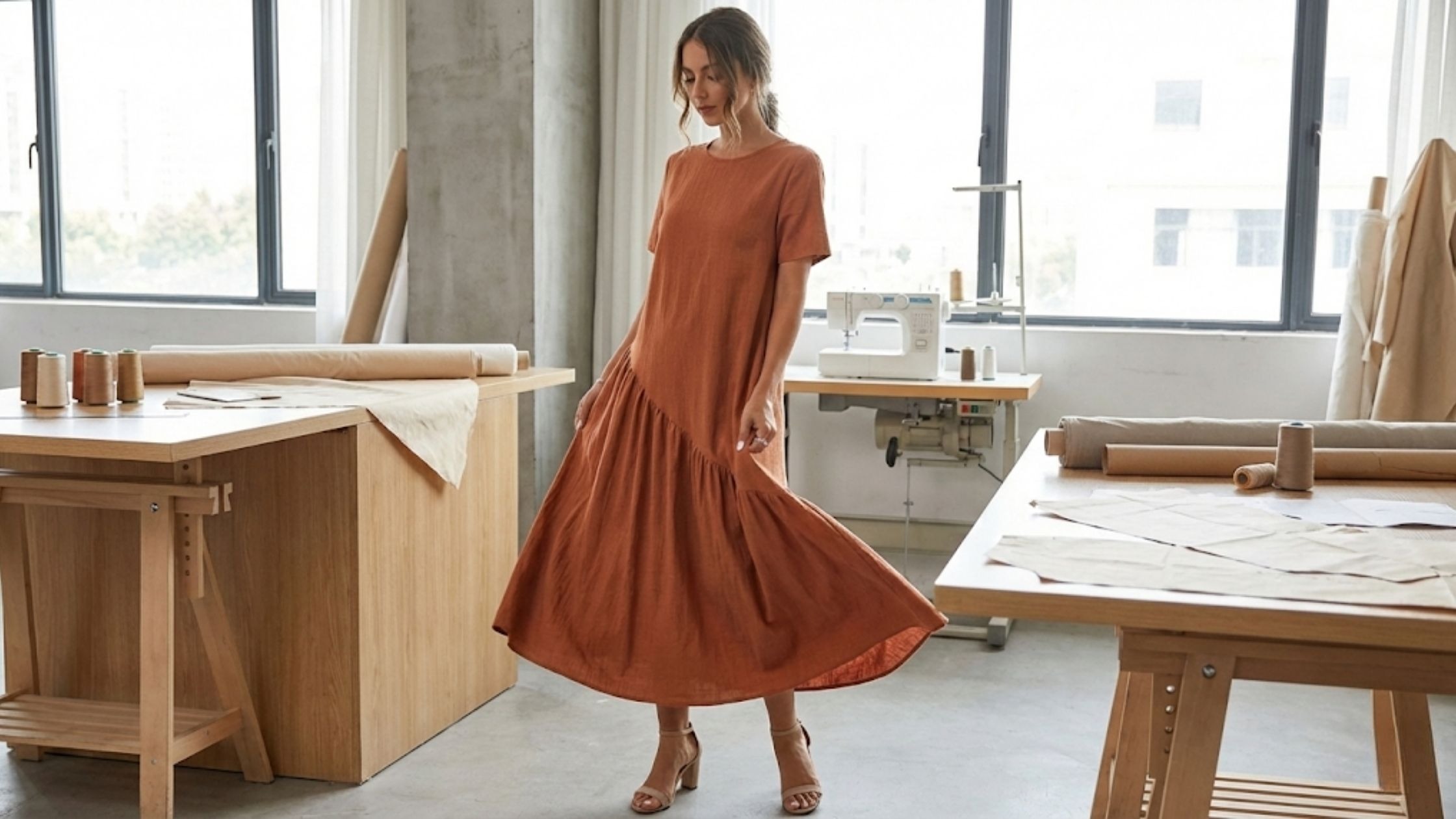 Molde em PDF Vestido Aruna midi com recorte assimétrico e saia franzida