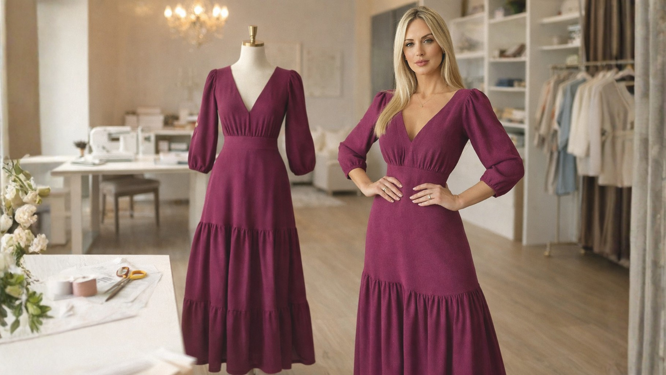 Molde em PDF Vestido Elyna vestido midi acinturado com decote V e saia em camadas
