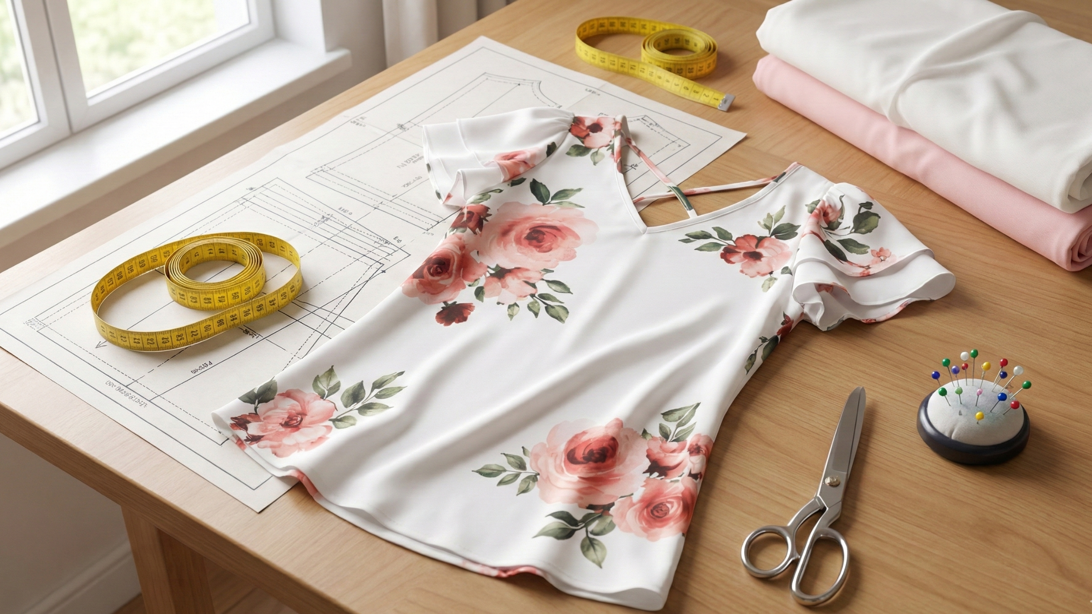 Molde em PDF Gratuito: Blusa com Manga Godê (P ao G5) sendo utilizado em mesa de costura