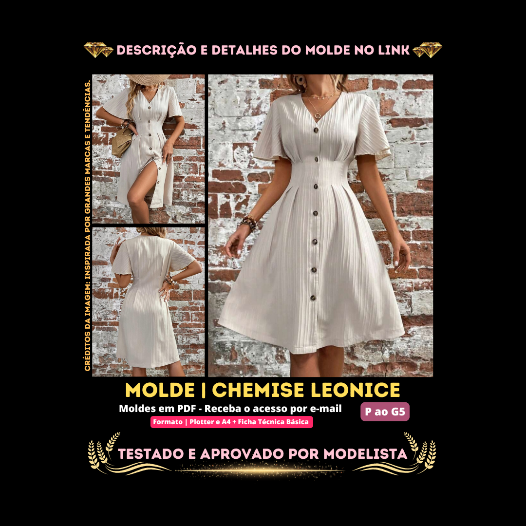 Molde em PDF - Chemise Leonice (Chemise Estilo Casual Vestido Midi Evasê com Manga Godê e Abotoamento Frontal Funcional)