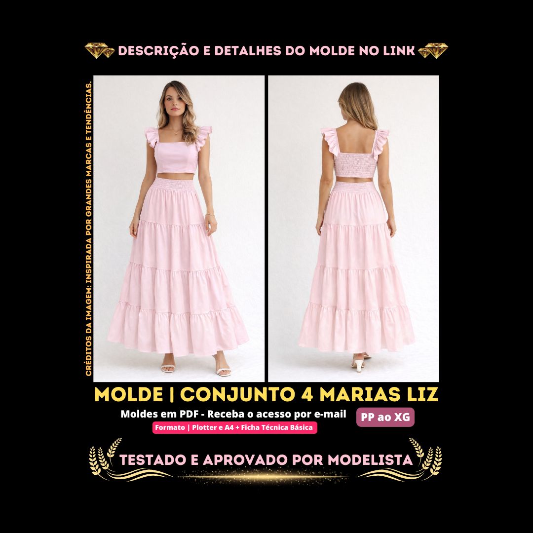 Molde em PDF - Conjunto 4 Marias Liz (Conjunto Estilo Casual Cropped com Decote Reto, Mangas com Babado e Saia Longa Evasê em Camadas com Cintura em Lastex) --⁣ 