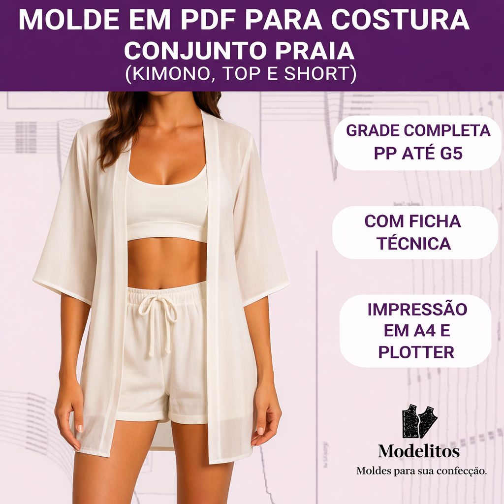 Molde em PDF Conjunto Praia Feminino - PP ao G5