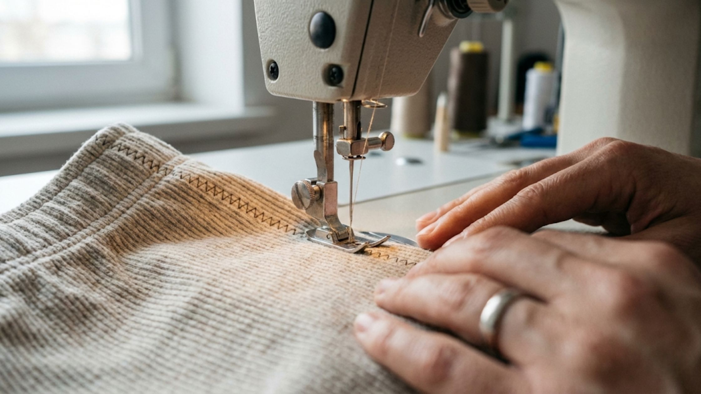 Molde em PDF Conjunto Térmico Glória sendo costurado com acabamento profissional em malha