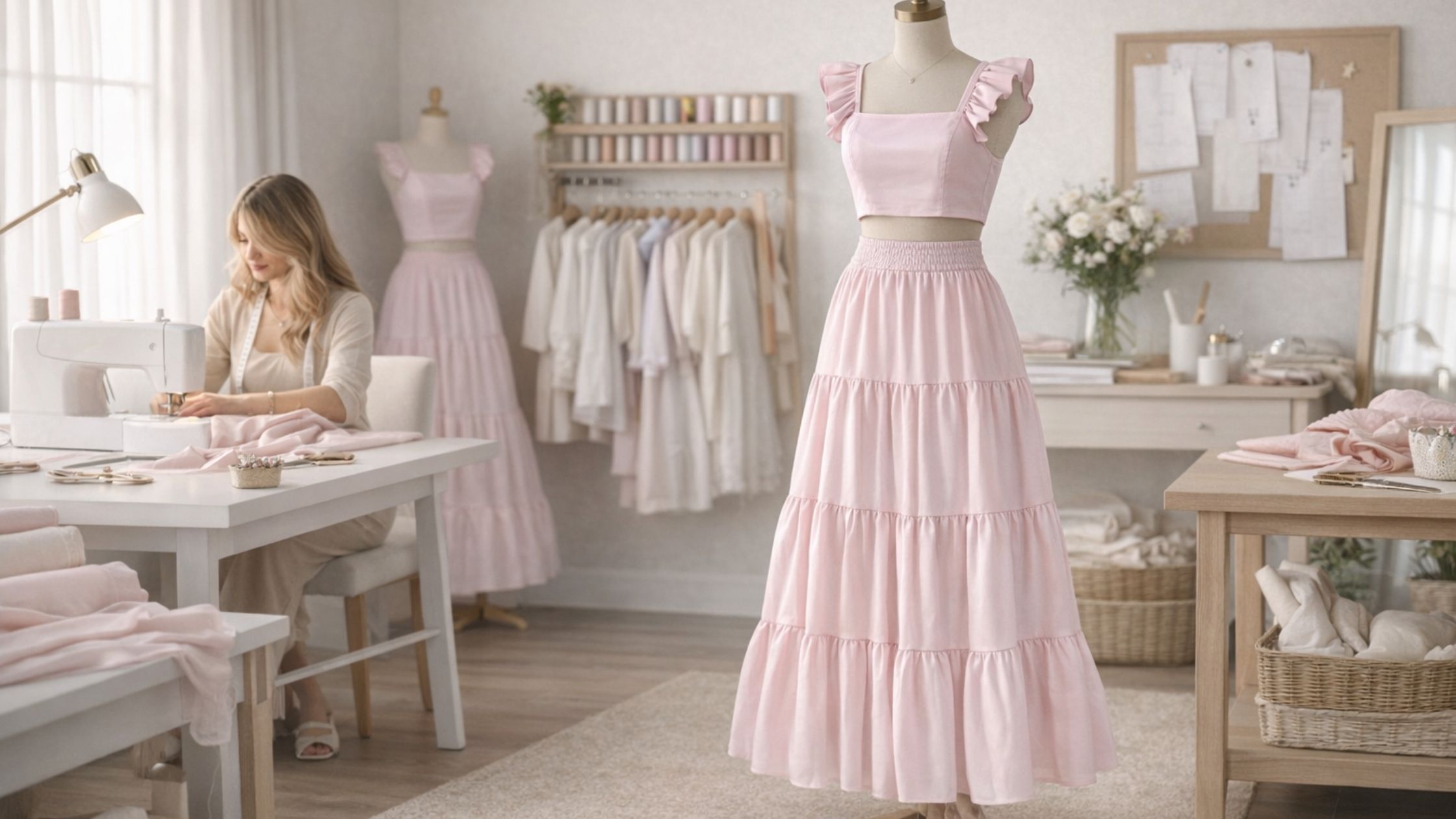 Molde em PDF Conjunto 4 Marias Liz feminino com saia longa em camadas e cropped romântico