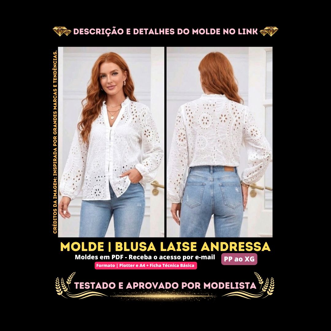 Molde em PDF - Blusa Laise Andressa (Blusa Estilo Casual Gola Padre Franzida e Mangas Longas Levemente Bufantes)