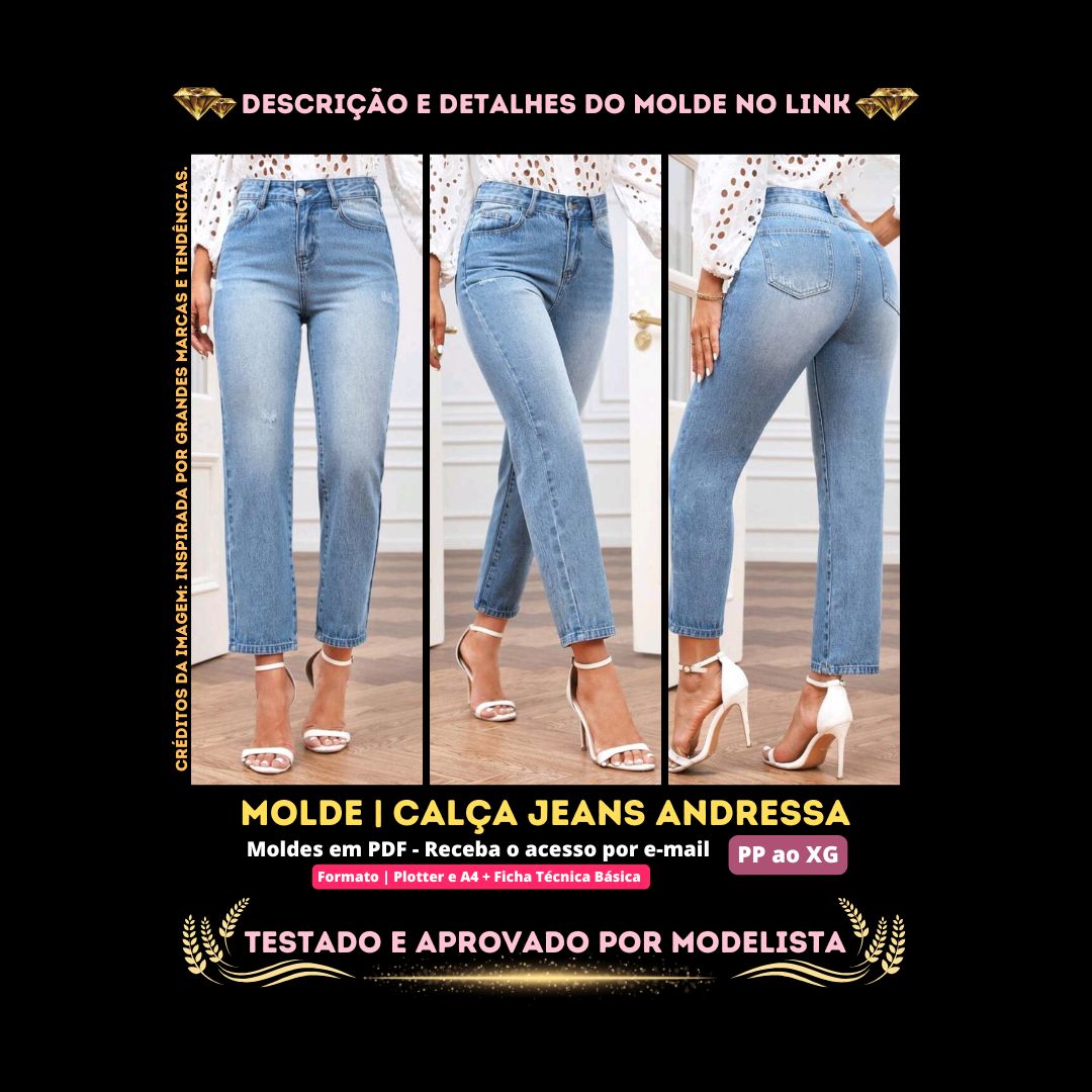 Molde em PDF - Calça Jeans Andressa (Calça Estilo Casual Reta de Cintura Alta com Bolsos Clássicos)