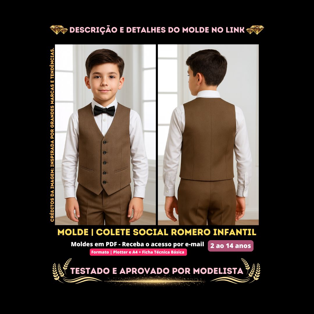 NS Molde em PDF - Colete Social Romero Infantil (Colete Estilo Casual Social com Decote em V e Fechamento Frontal por Botões)