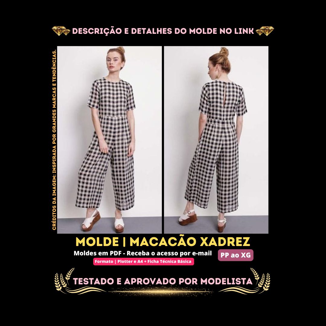 Molde em PDF - Macacão Xadrez (Macacão Estilo Casual Pantacourt de Alfaiataria com Manga Curta e Recorte de Cintura)