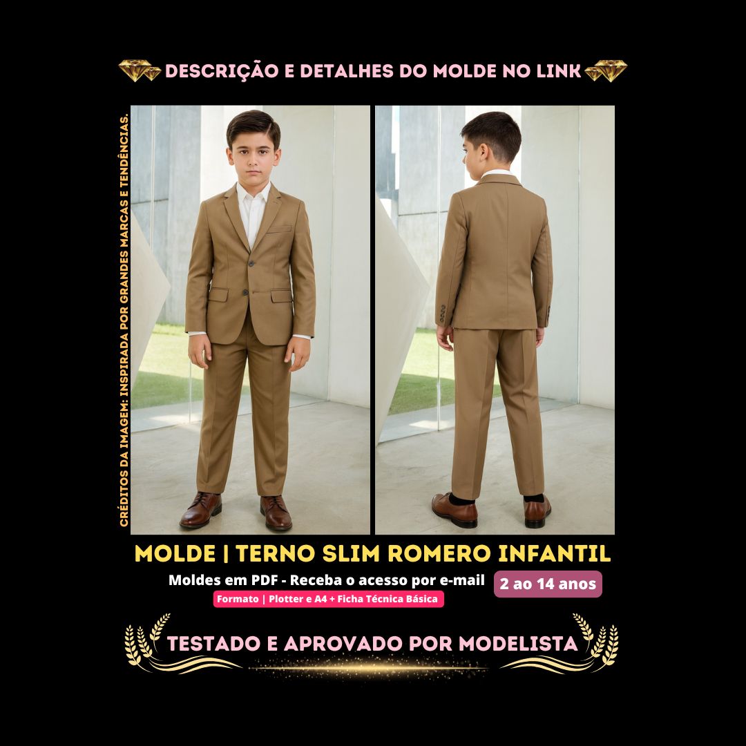 NS Molde em PDF - Terno Slim Romero Infantil (Terno Estilo Casual Social Slim com Blazer de Lapela Notch e Calça de Alfaiataria)