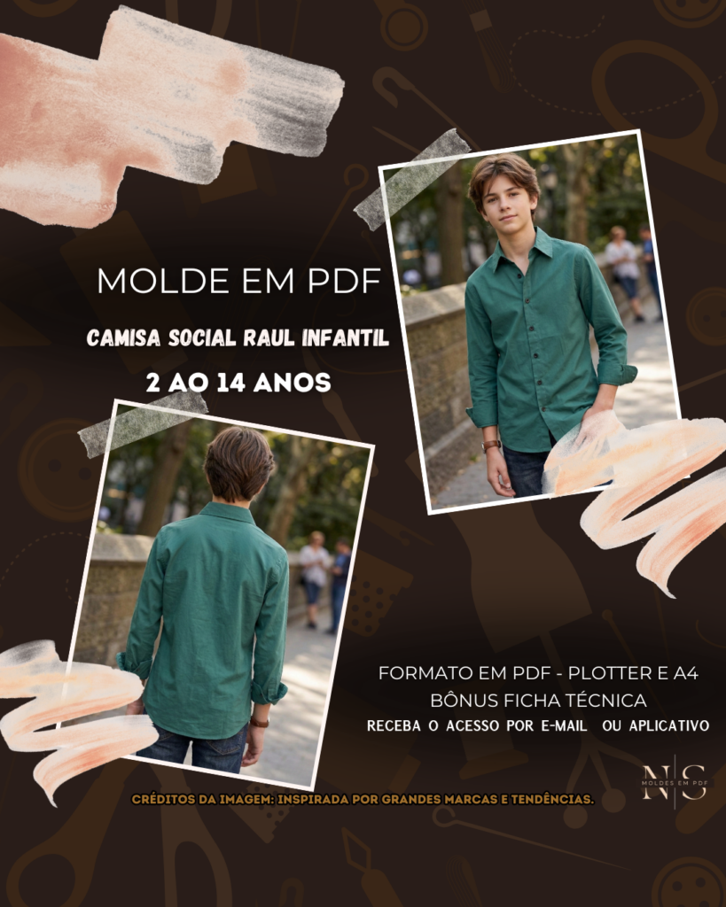 NS Molde em PDF - Camisa Social Raul Infantil (Camisa Estilo Casual Social de Manga Longa com Gola Clássica e Abotoamento Frontal)