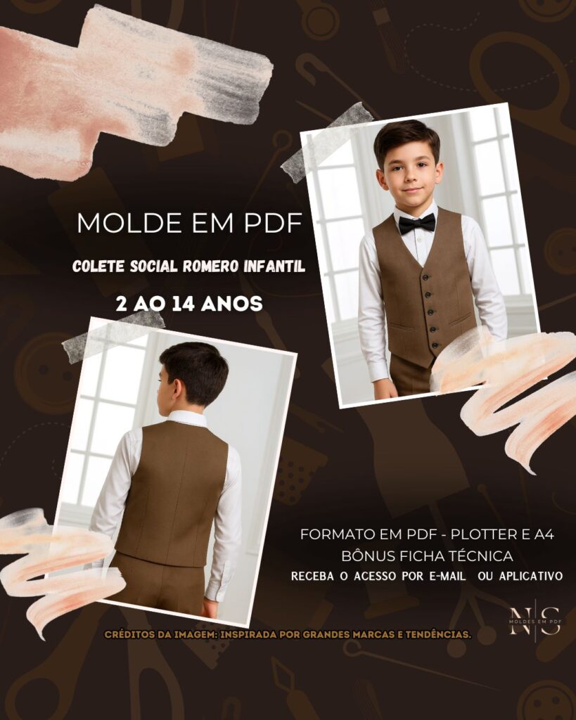 NS Molde em PDF - Colete Social Romero Infantil (Colete Estilo Casual Social com Decote em V e Fechamento Frontal por Botões)