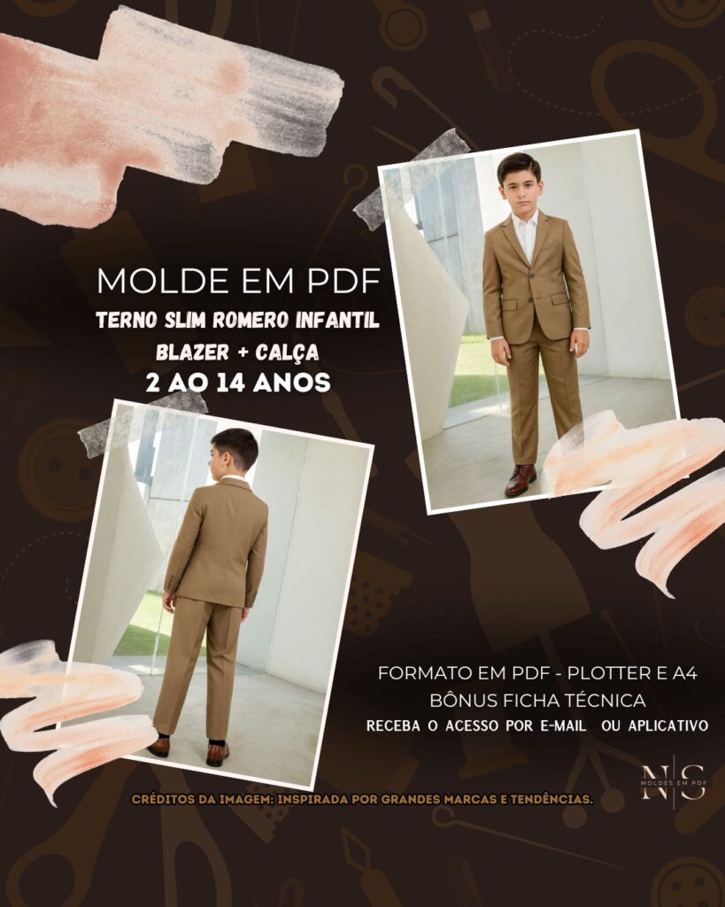 NS Molde em PDF - Terno Slim Romero Infantil (Terno Estilo Casual Social Slim com Blazer de Lapela Notch e Calça de Alfaiataria)
