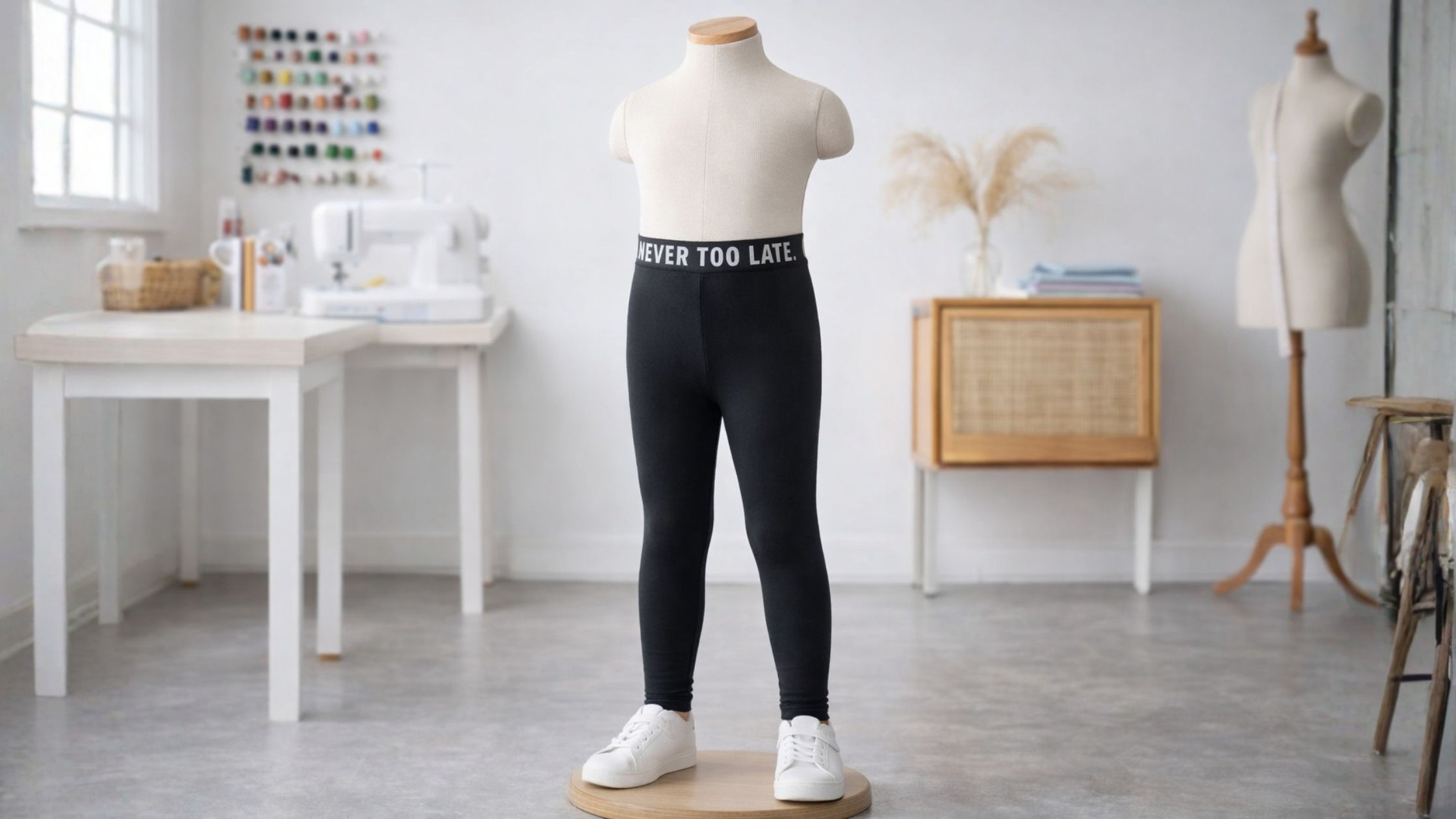 Molde em PDF Calça Legging Nara Infantil exibido em manequim infantil em ateliê moderno