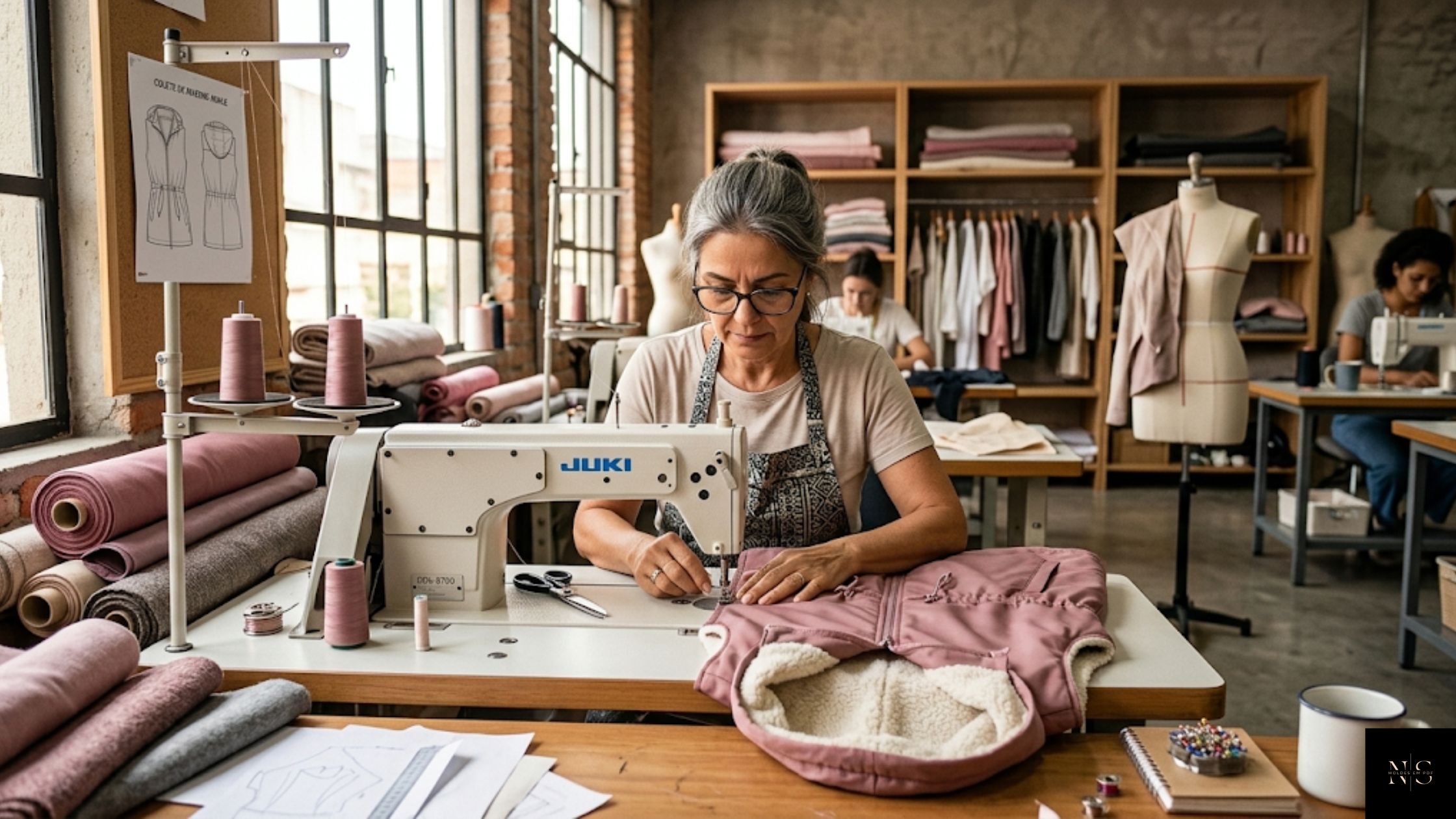 Molde em PDF Colete de Inverno Jamile sendo produzido por costureira