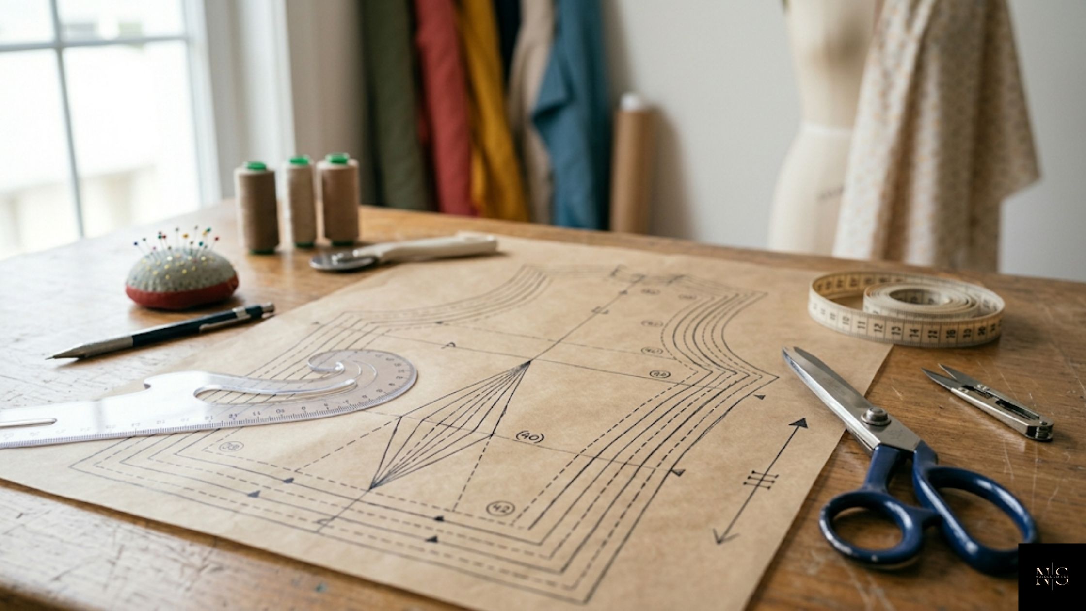 estrutura de molde de roupa com linhas de corte costura e pences