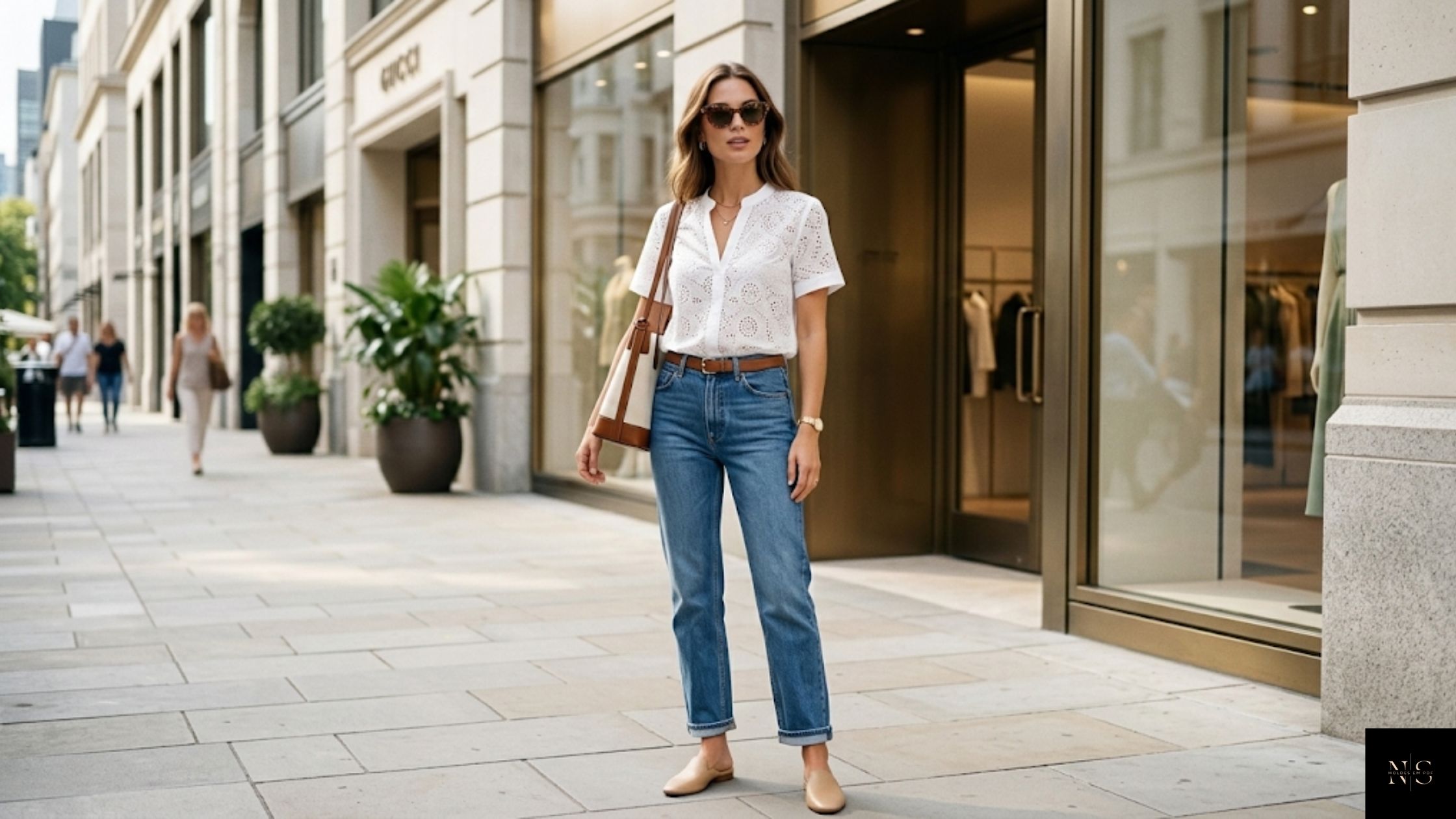 Look feminino usando peça criada com Molde em PDF Blusa Laise Flávia