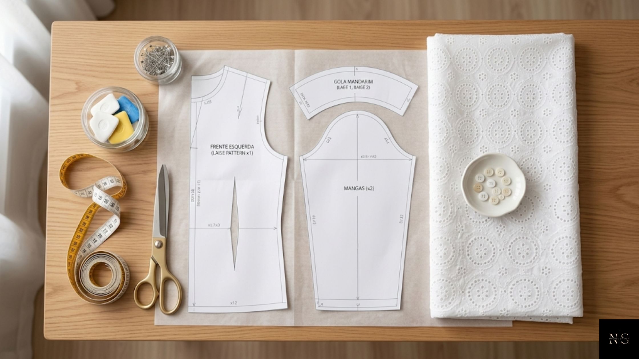 Detalhes da modelagem do Molde em PDF Blusa Laise Flávia sobre mesa de costura
