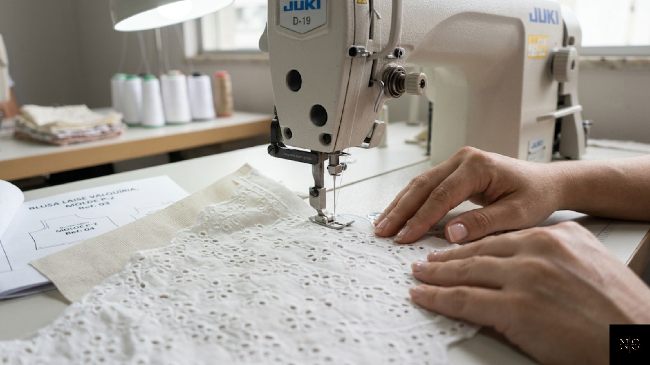 Molde em PDF Blusa Laise Valquíria sendo costurado com acabamento profissional