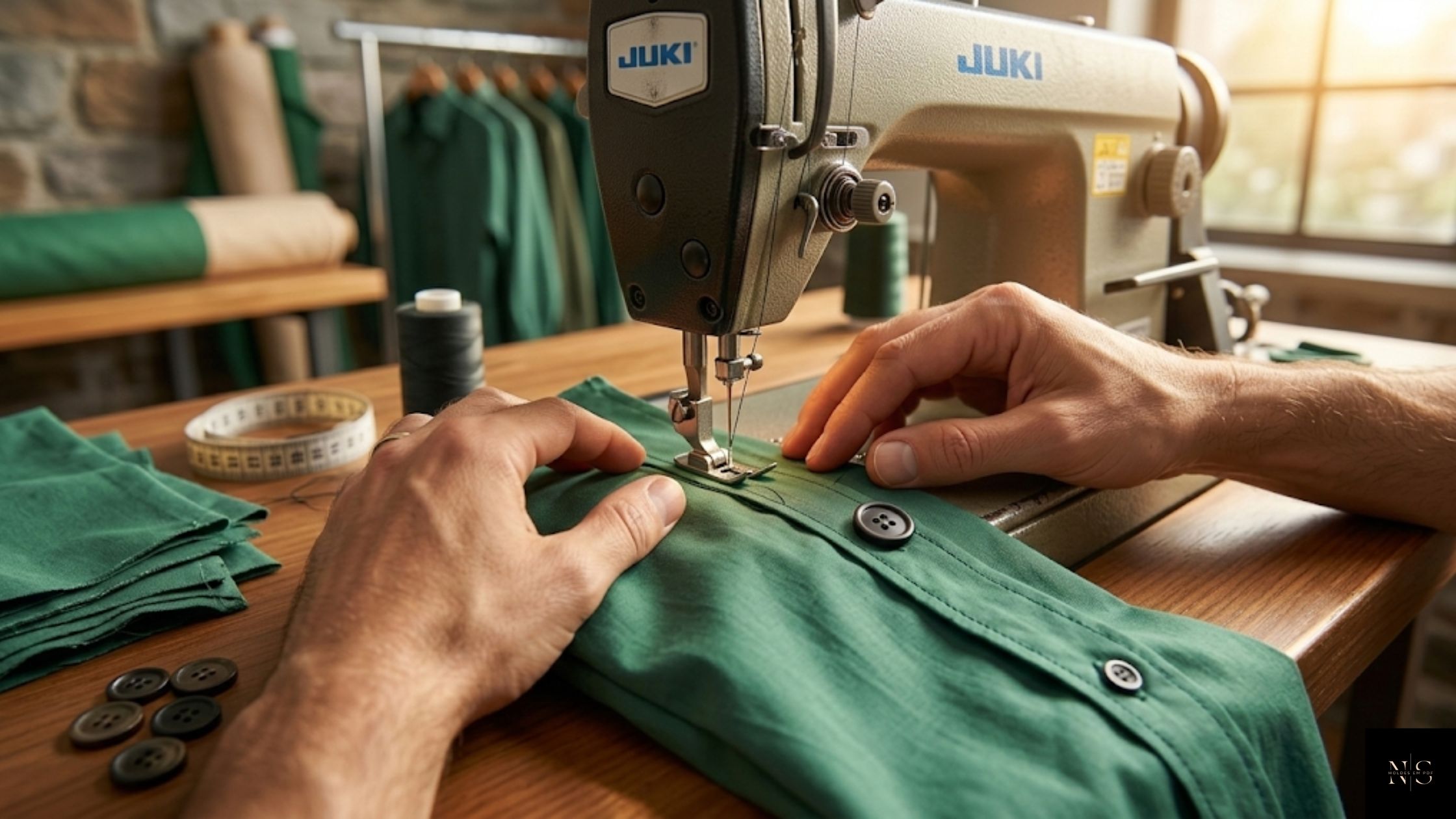 Molde em PDF Camisa Social Raul Infantil sendo costurado em maquina de costura