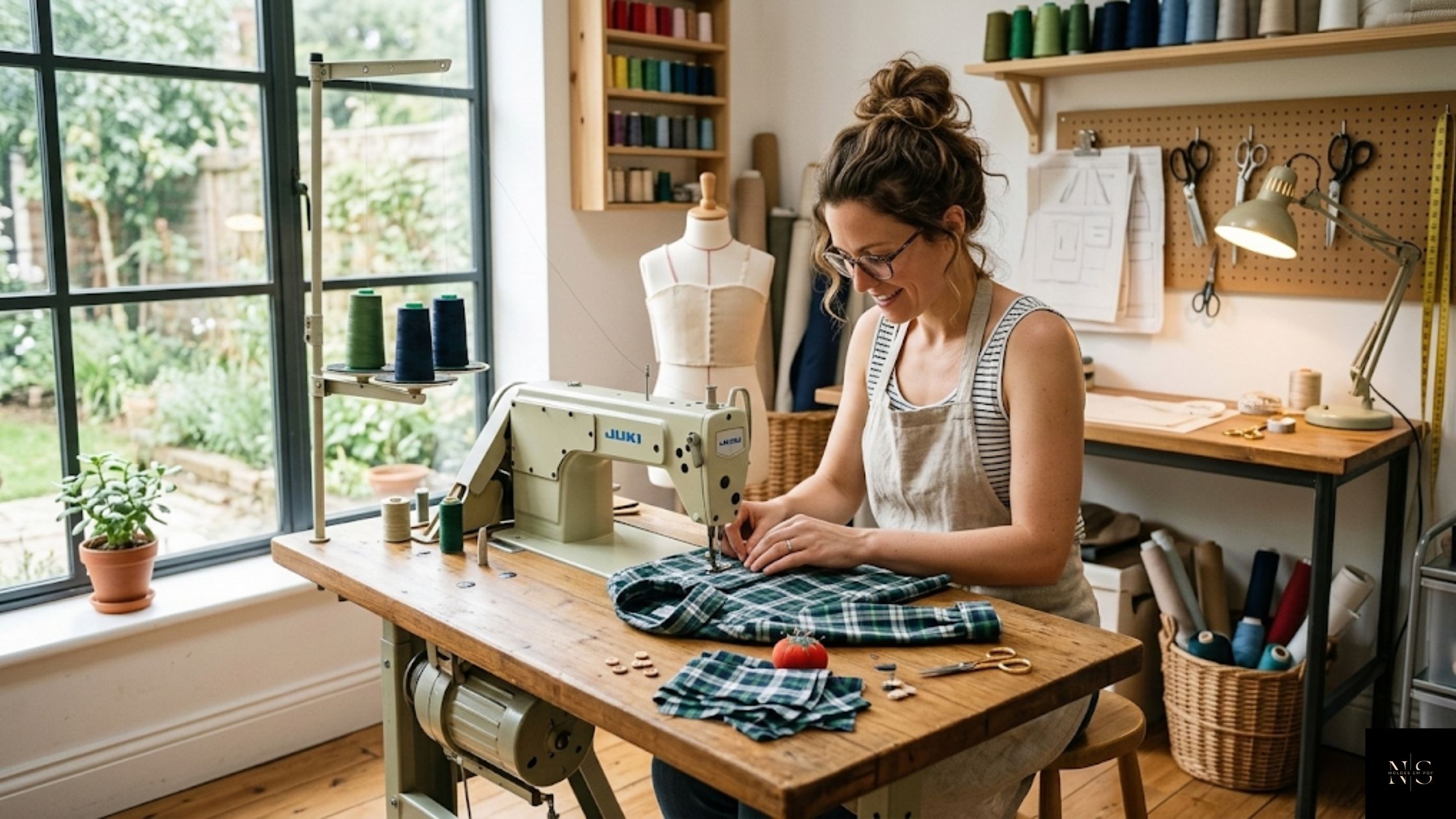 Molde em PDF Camisa Social Raul Infantil sendo utilizado por costureira em atelie