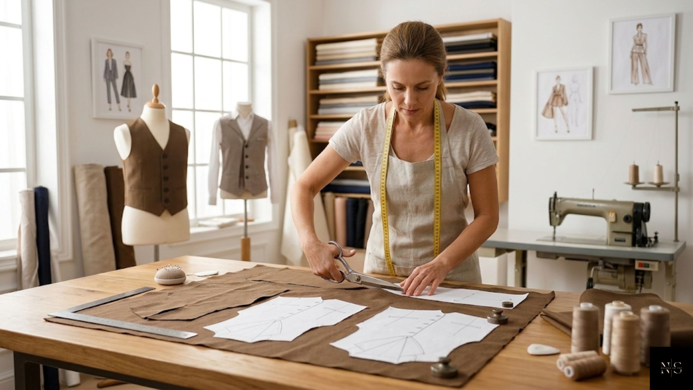 Costureira utilizando molde em PDF Colete Social Romero Infantil em ateliê de costura