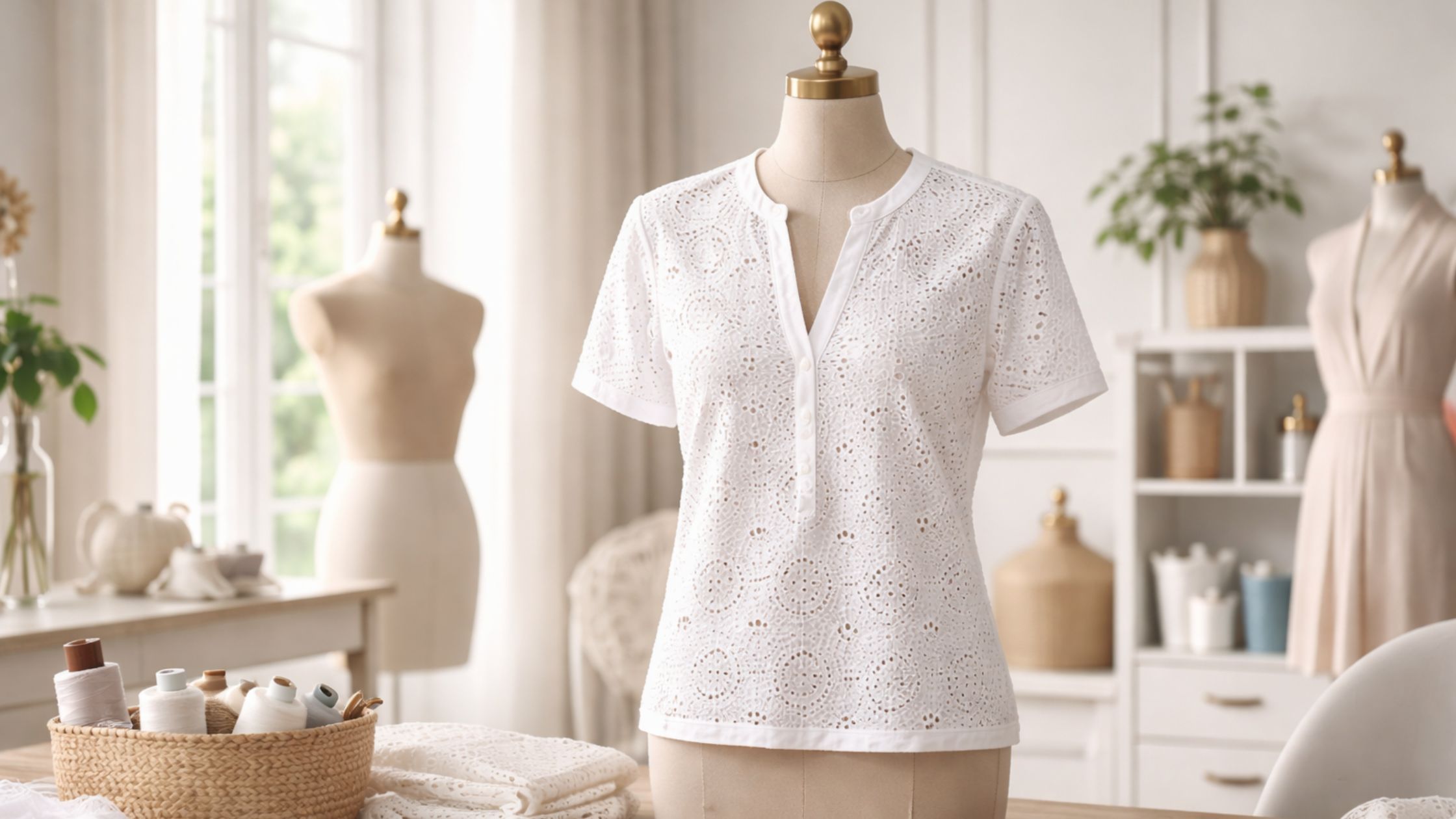 Molde em PDF Blusa Laise Flávia exibido em manequim em ateliê de costura moderno