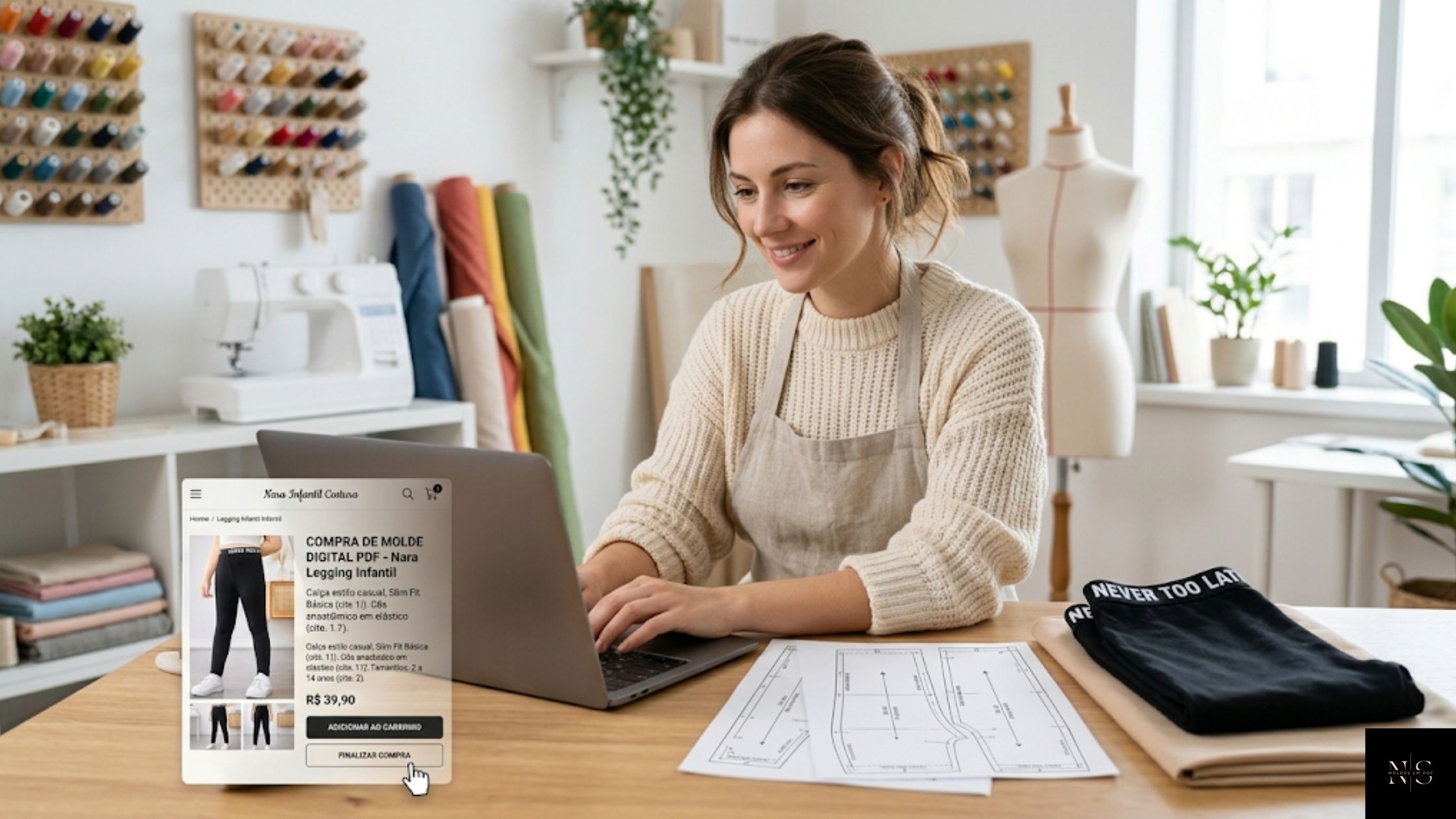 Molde em PDF Calça Legging Nara Infantil sendo adquirido online por costureira