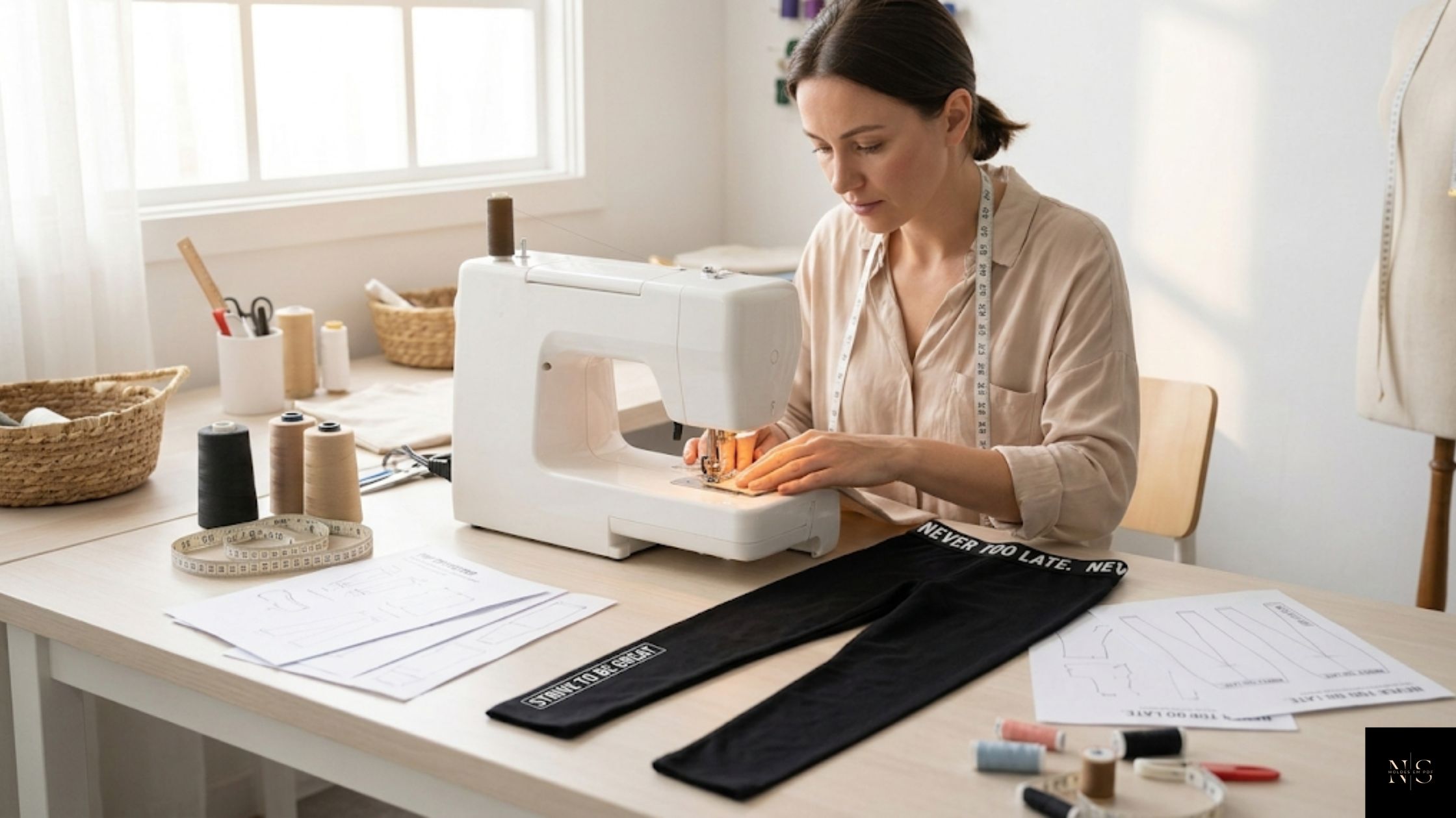 Molde em PDF Calça Legging Nara Infantil sendo produzido por costureira em casa