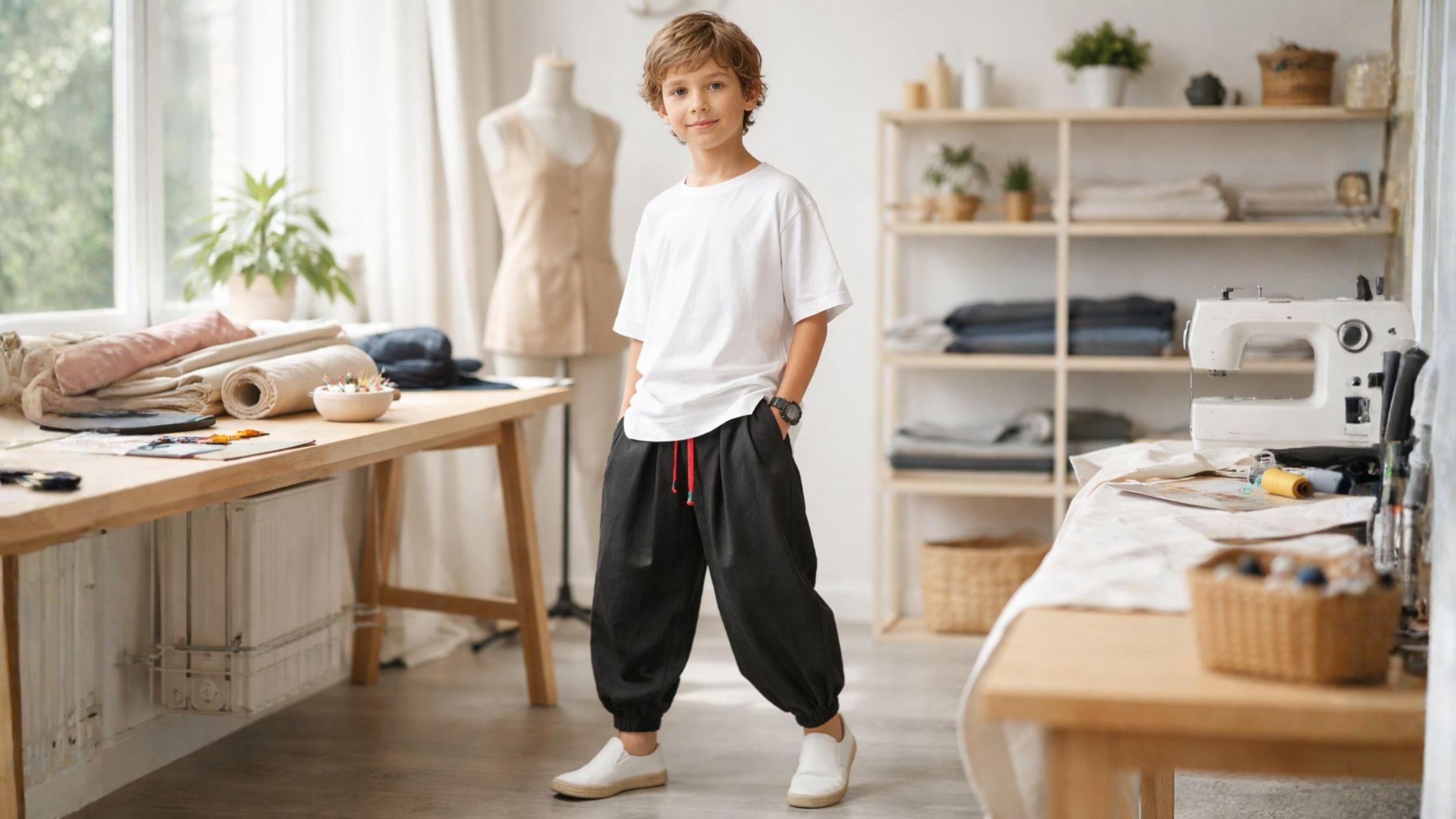 Molde em PDF Calça Saruel Balonê Unissex Infantil com modelo infantil usando calça saruel balonê preta em ateliê moderno