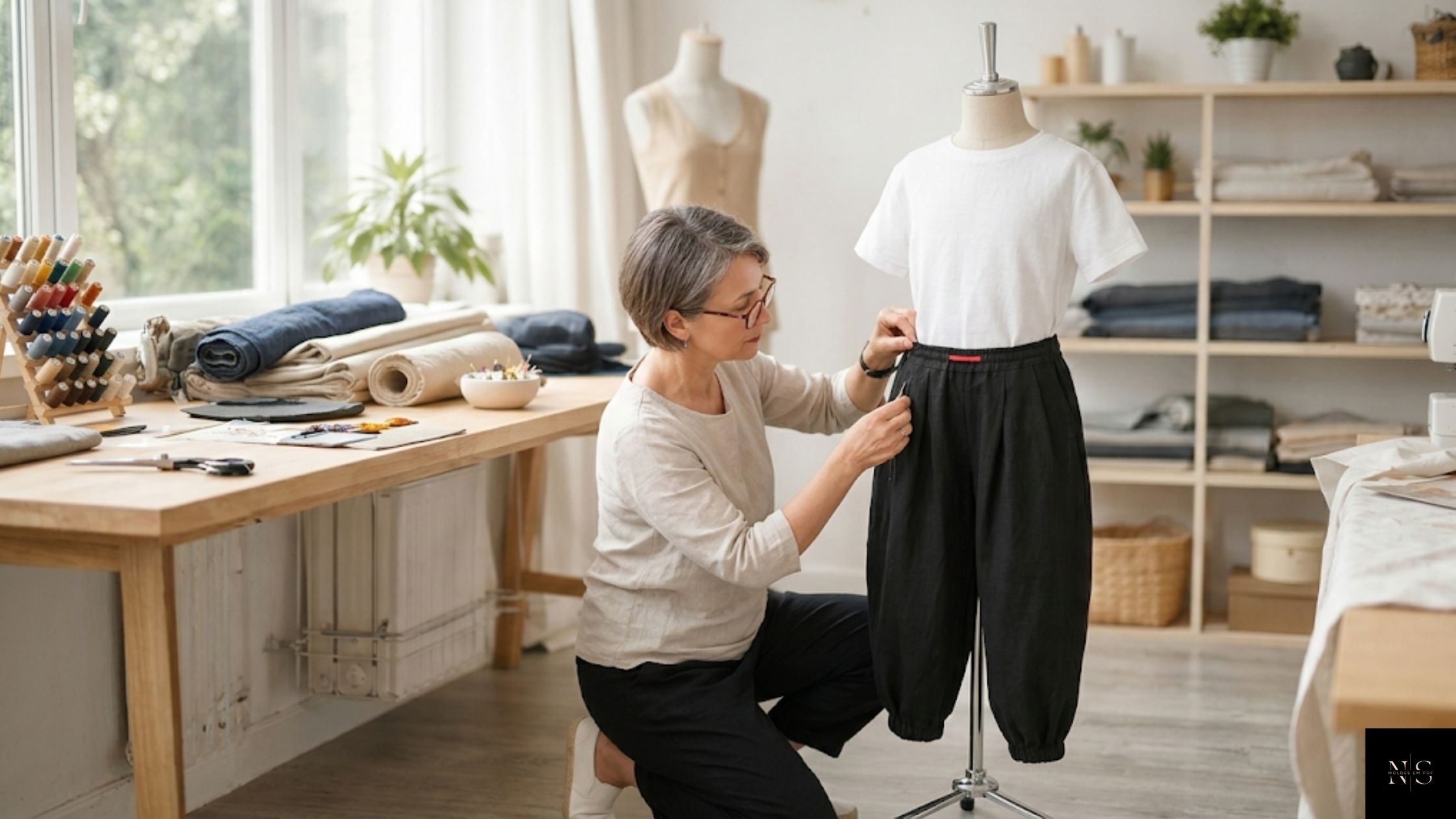 Molde em PDF Calça Saruel Balonê Unissex Infantil sendo ajustado por costureira em ateliê profissional