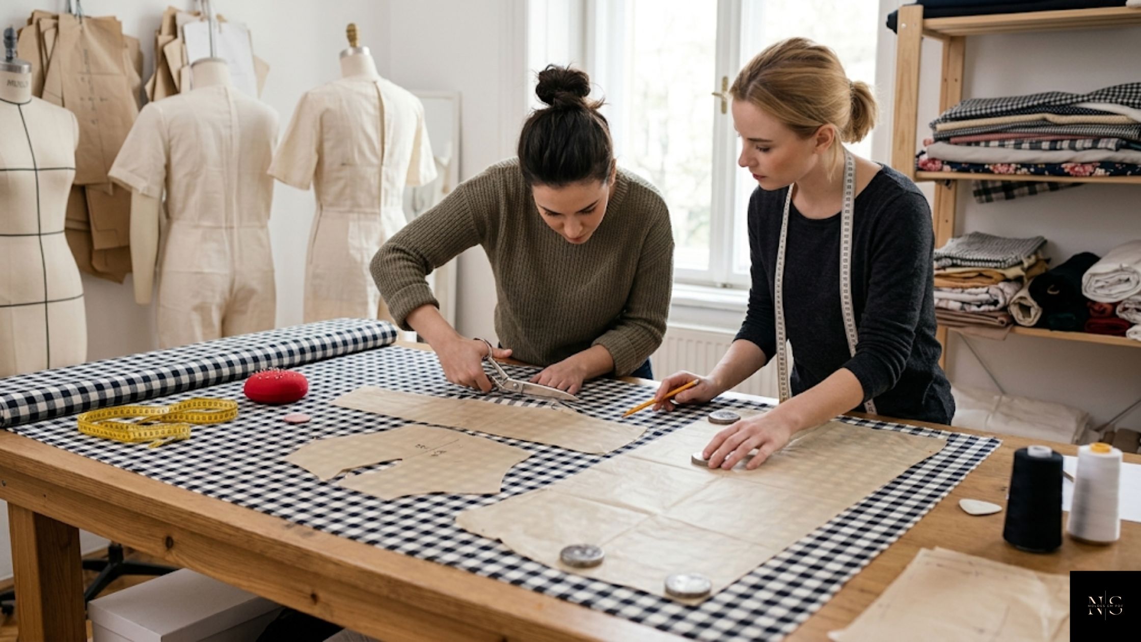 Costureiras utilizando Molde em PDF Macacão Xadrez para confeccionar peça feminina