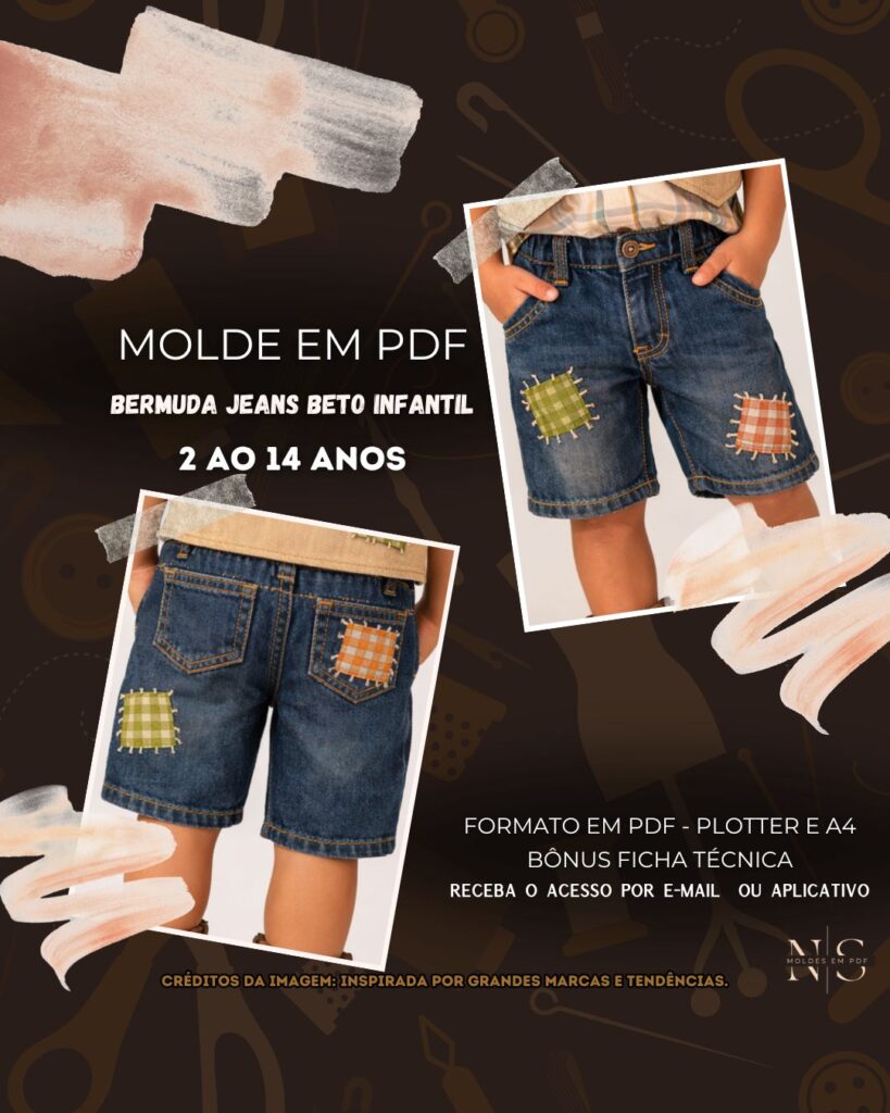 NS Molde em PDF - Bermuda Jeans Beto Infantil (Bermuda Estilo Casual Modelagem Reta Comprimento Acima do Joelho)