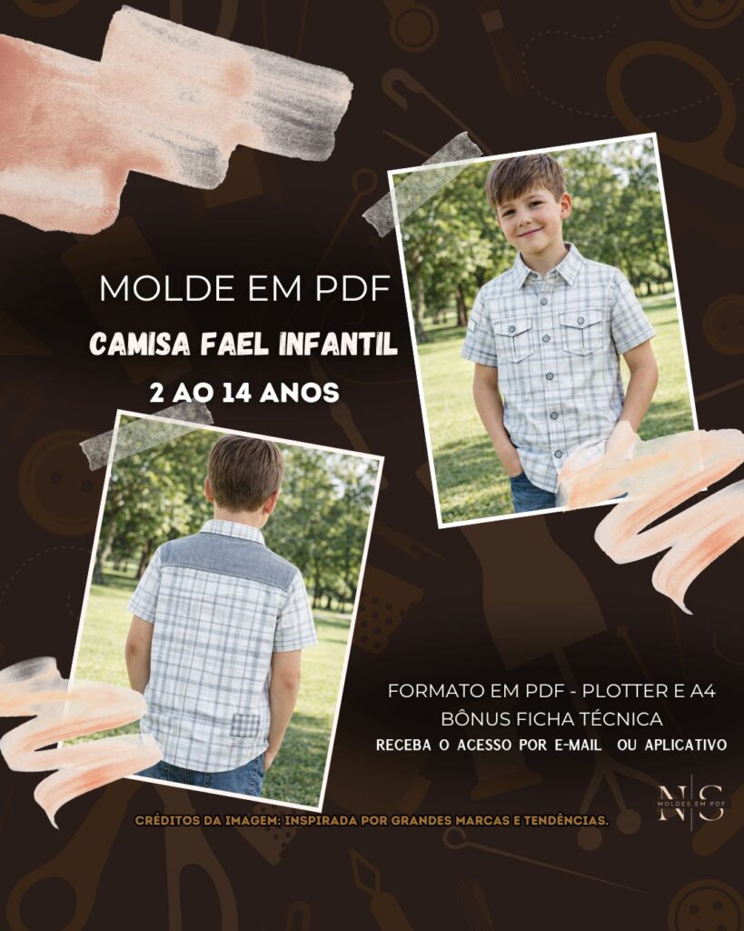 NS Molde em PDF - Camisa Fael Infantil (Camisa Estilo Casual Manga Curta com Gola Clássica e Abotoamento Frontal com Pala Costas Contrastante)