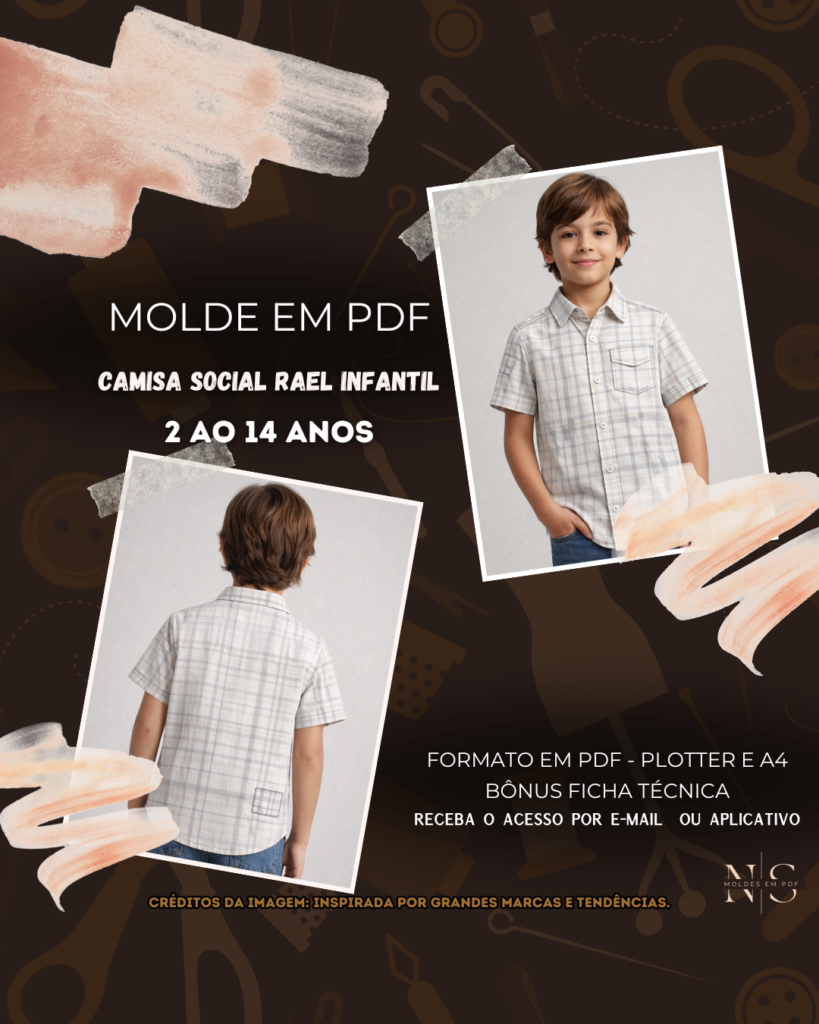 NS Molde em PDF - Camisa Social Rael Infantil (Camisa Estilo Casual Social de Manga Curta com Gola Clássica e Abotoamento Frontal)