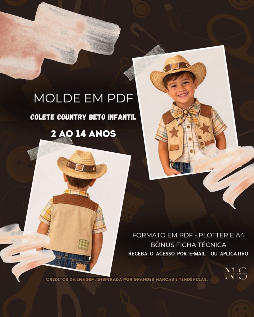 NS Molde em PDF - Colete Country Beto Infantil (Colete Estilo Country Modelagem Reta e Comprimento na Altura da Cintura)
