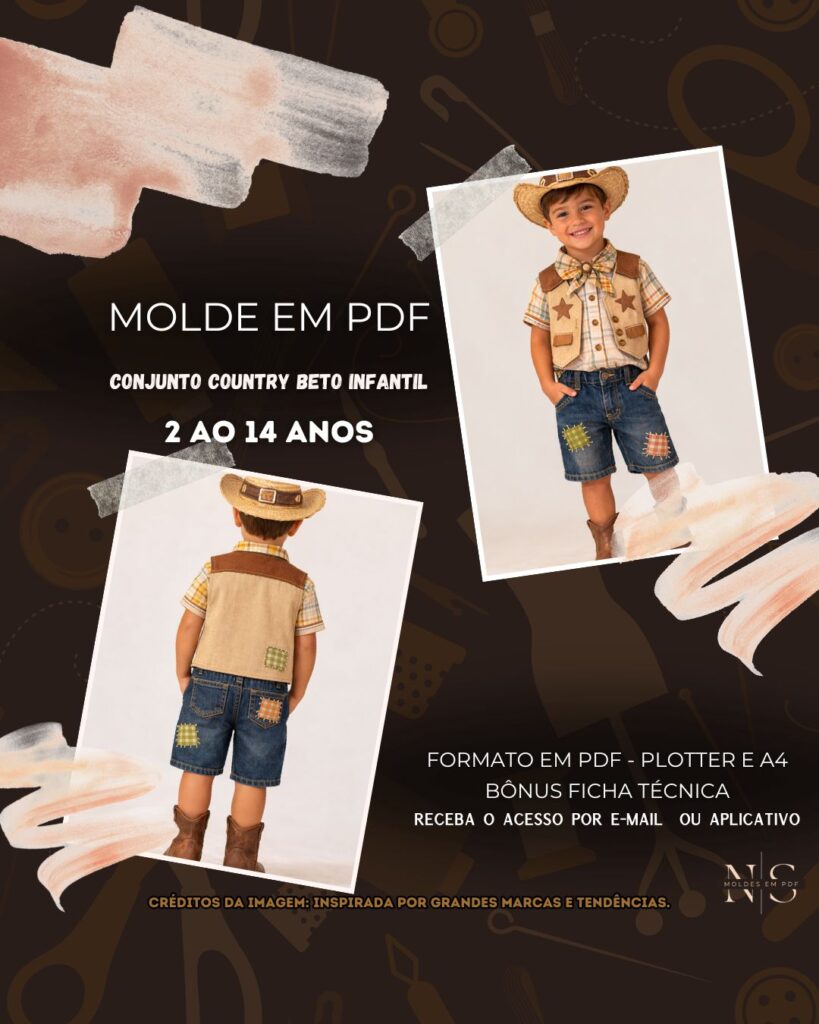 NS Molde em PDF - Conjunto Country Beto Infantil (Conjunto Estilo Country Camisa Manga Curta Com Botões Colete Estruturado com Aplicações Decorativas e Bermuda Jeans com Bolsos e Detalhes em Patchwork)