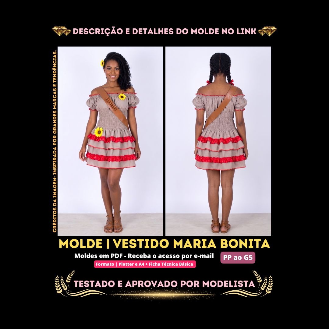 Molde em PDF - Vestido Maria Bonita (Vestido Estilo Festa Ombro a Ombro com Corpo em Lastex e Saia em Camadas com Babados Aplicados)