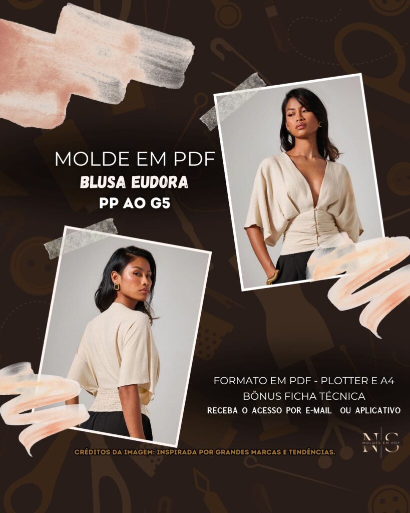 NS Molde em PDF - Blusa Eudora (Blusa Estilo Casual Transpassada com Pregas Frontais e Mangas Kimono)